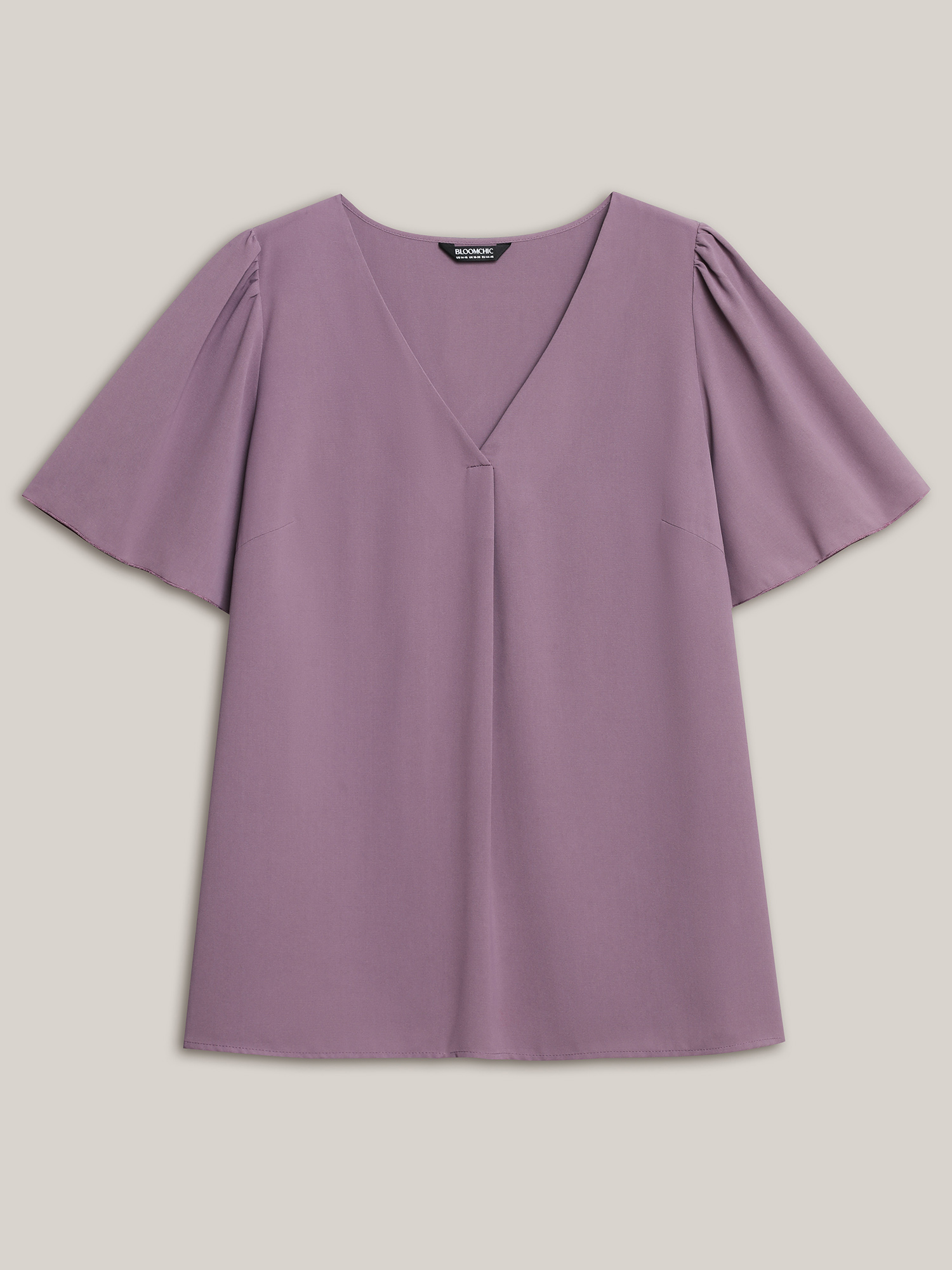 Plus Size Mauve Pleated-Front Flutter Sleeve Shirt Women At the Office Short sleeve V-neck Work Blouses BloomChic 14-16/1X 