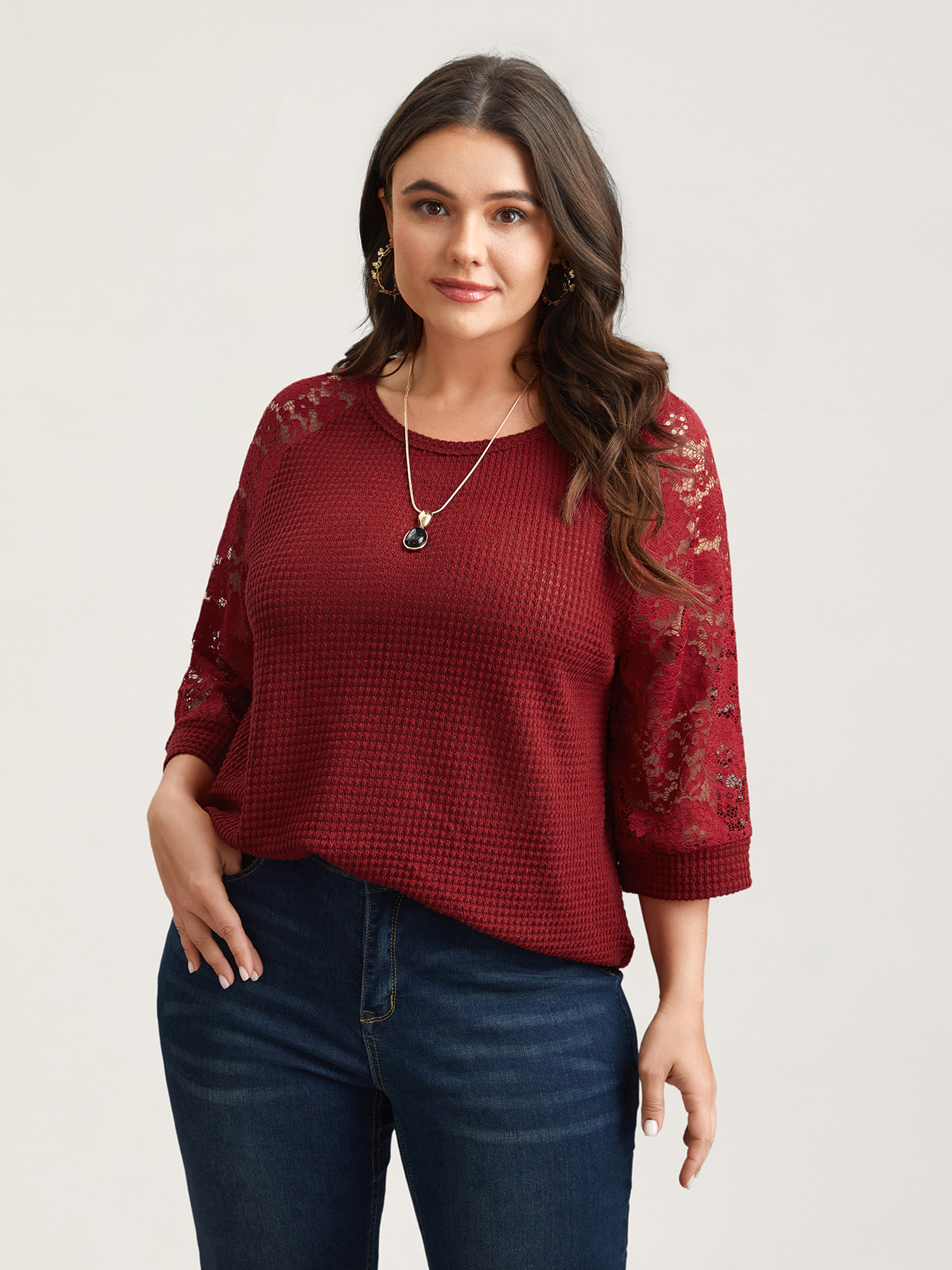 

Plus Size Romantic Lace Raglan Sleeve Shirt Scarlet Round Neck Elbow-length sleeve Elegant Jersey Tops