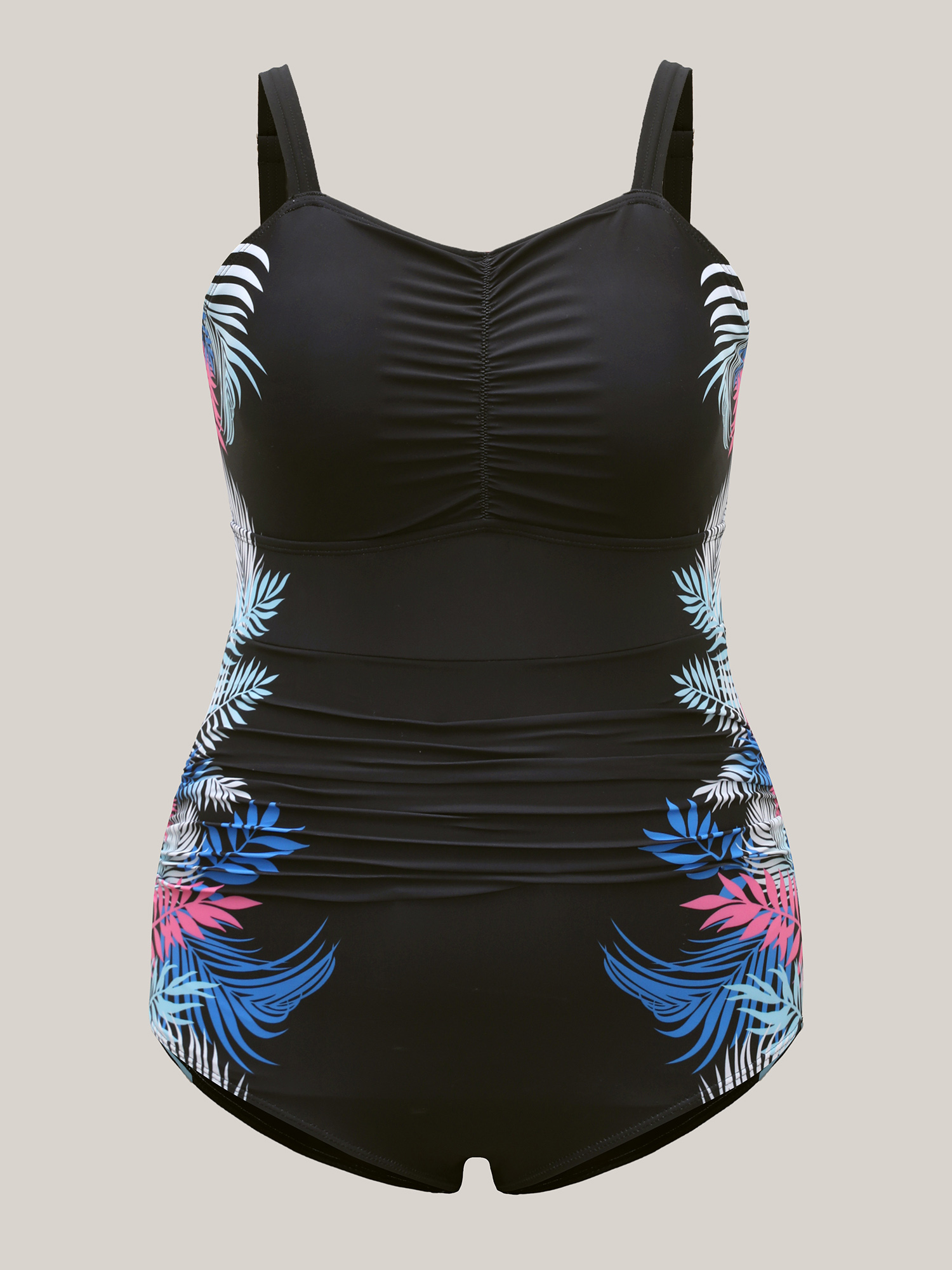 Plus Size Floral Pattern Sweetheart Neck One-Piece Swimsuit Women`s Swimwear Black Beach Gathered Curve Bathing Suits High stretch One Pieces BloomChic 10/M 