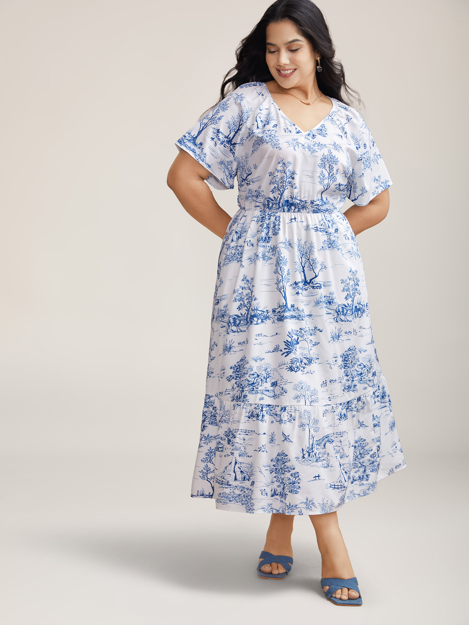 

Plus Size Spring Dreams Stretchy-Waist Midi Dress LightBlue Women Elegant Gathered V-neck Short sleeve Curvy BloomChic