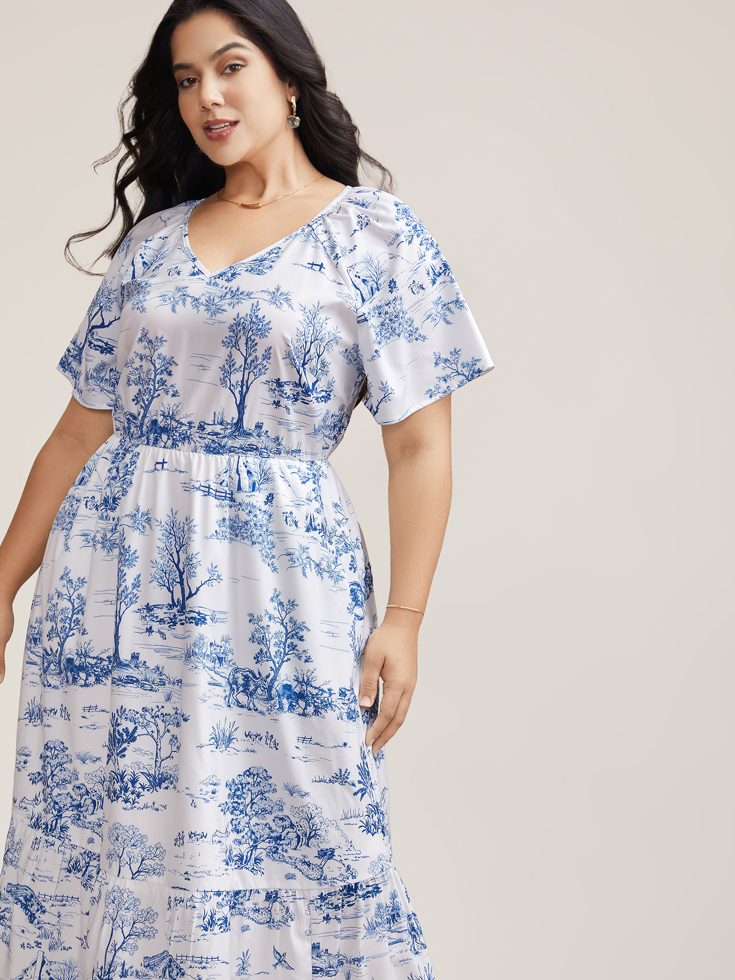 Plus Size Spring Dreams Stretchy-Waist Midi Dress LightBlue Women Elegant Gathered V-neck Short sleeve Curvy BloomChic 30/6X 
