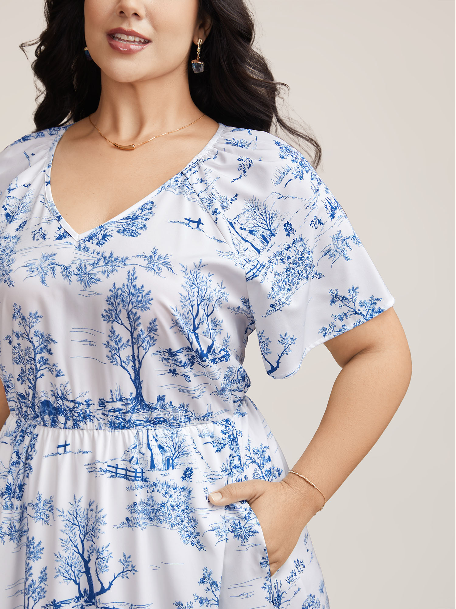 Plus Size Spring Dreams Stretchy-Waist Midi Dress LightBlue Women Elegant Gathered V-neck Short sleeve Curvy BloomChic 30/6X 