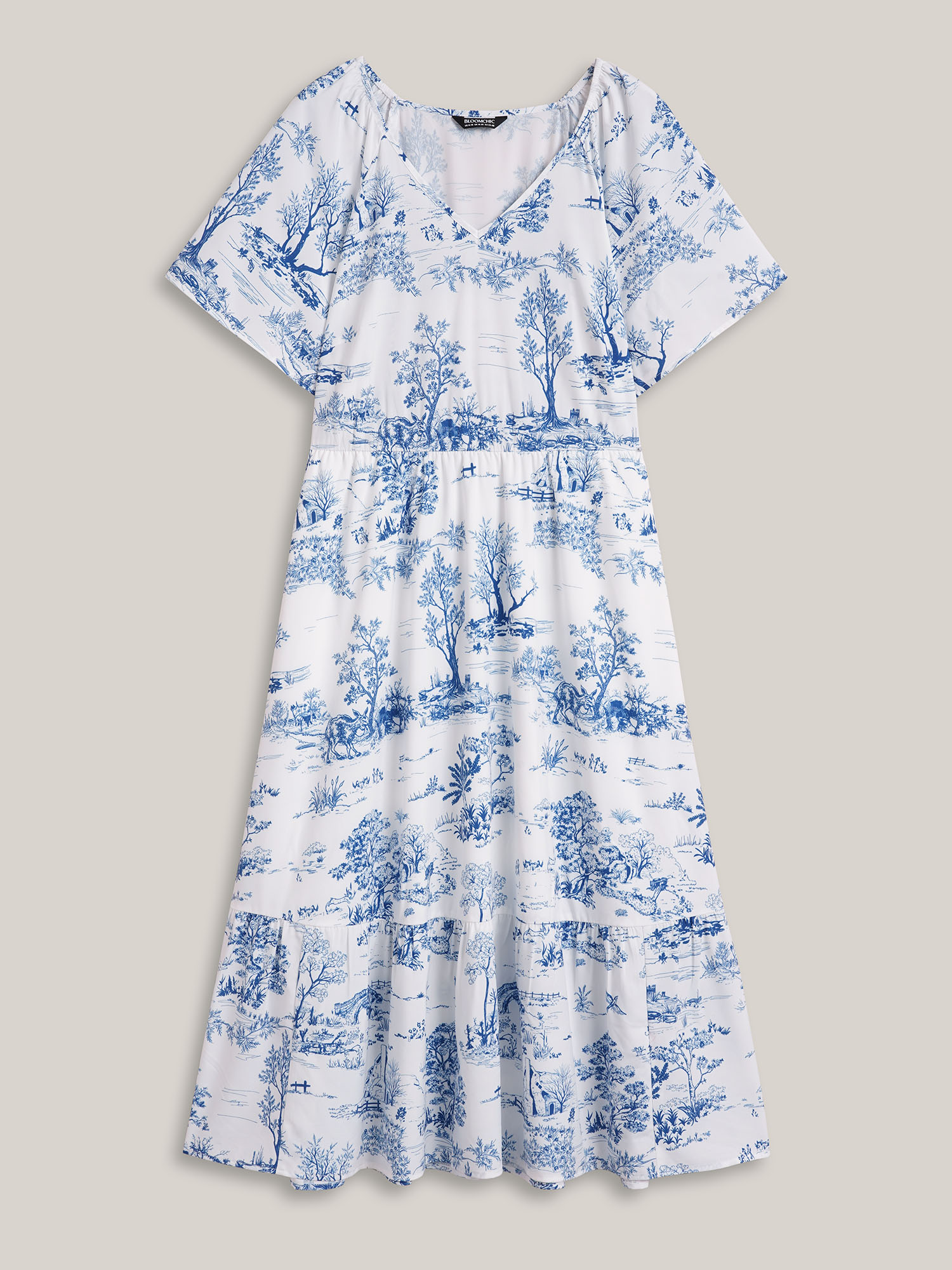 Plus Size Spring Dreams Stretchy-Waist Midi Dress LightBlue Women Elegant Gathered V-neck Short sleeve Curvy BloomChic 30/6X 