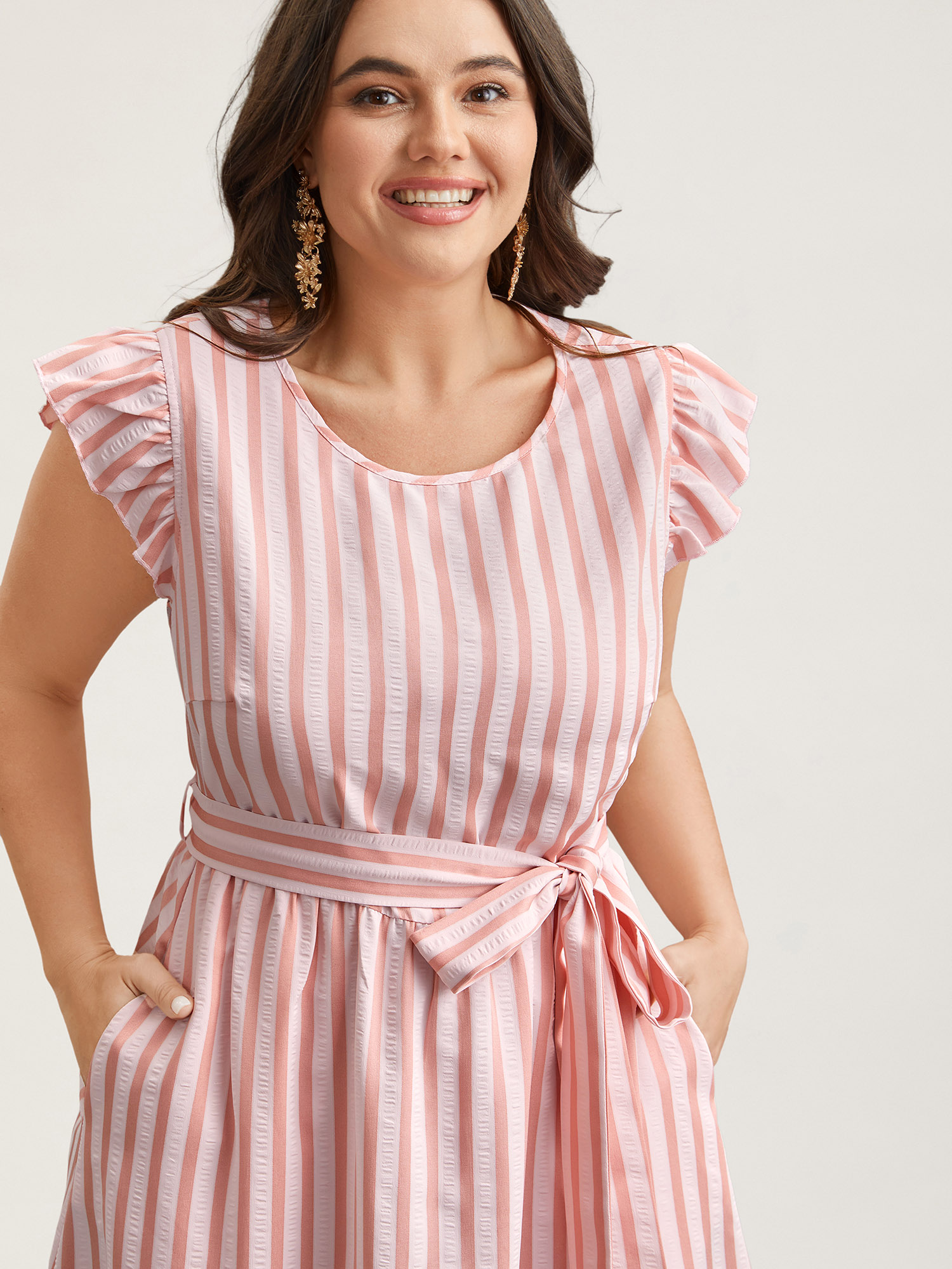 

Plus Size Pastel Stripes Belted Pockets Midi Dress Multicolor Women Casual Belted Round Neck Cap Sleeve Curvy BloomChic