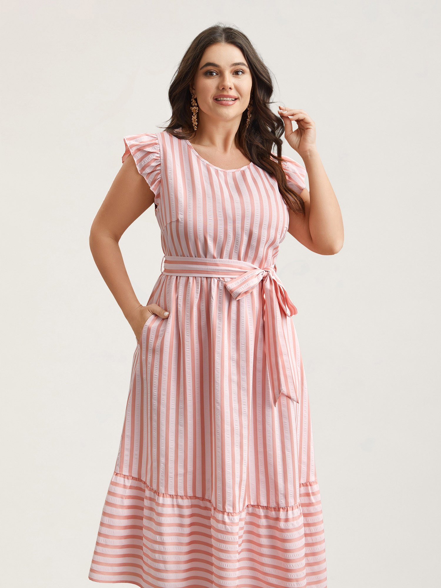 Plus Size Pastel Stripes Belted Pockets Midi Dress Multicolor Women Casual Belted Round Neck Cap Sleeve Curvy BloomChic 10/M 