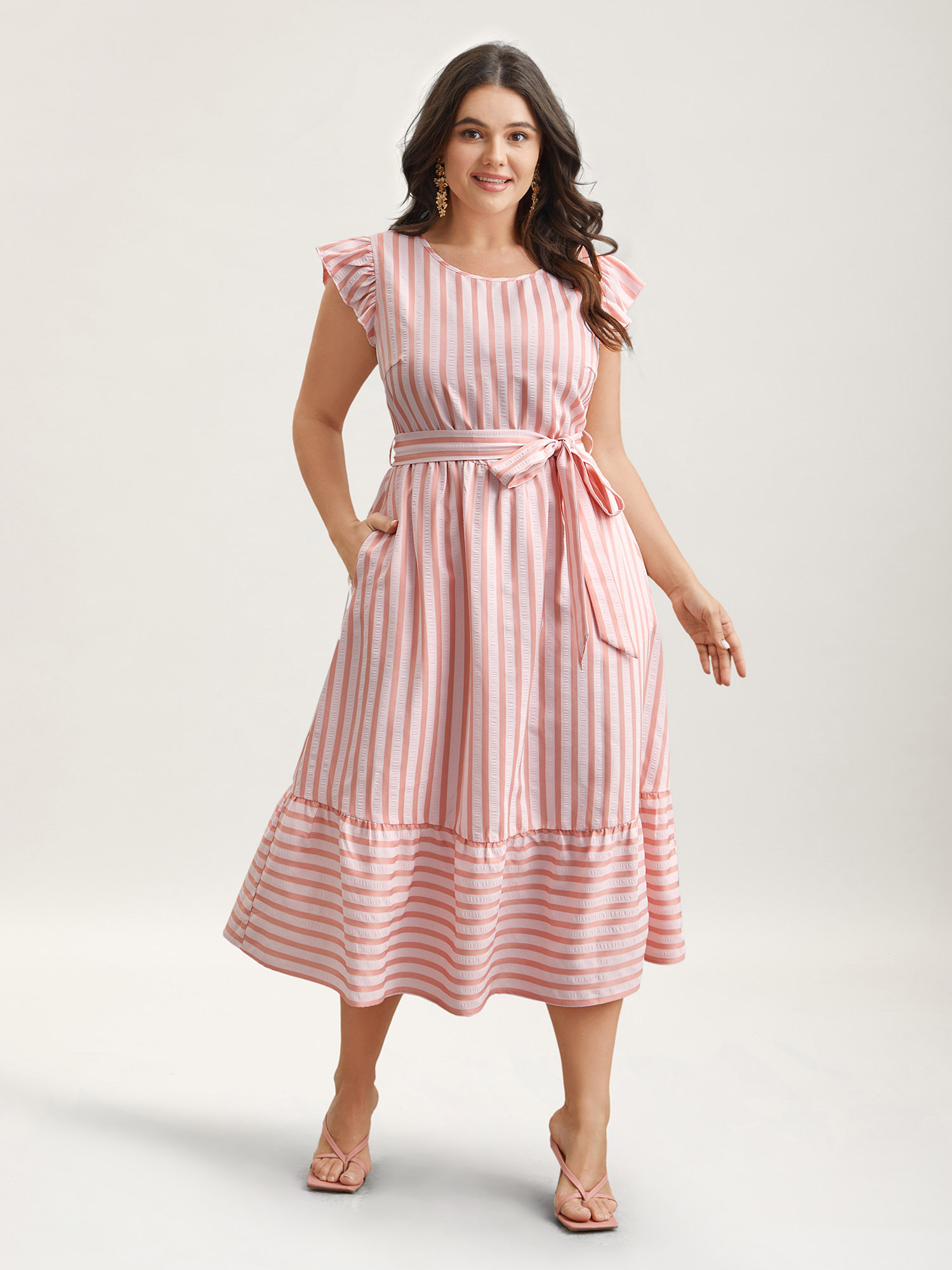 Plus Size Pastel Stripes Belted Pockets Midi Dress Multicolor Women Casual Belted Round Neck Cap Sleeve Curvy BloomChic 10/M 