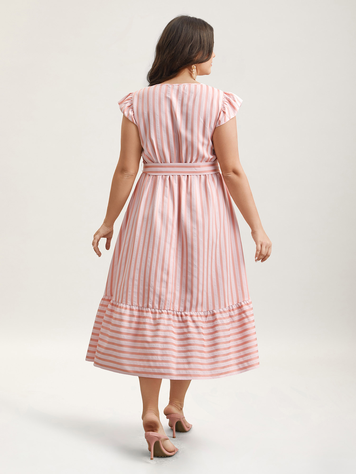 

Plus Size Pastel Stripes Belted Pockets Midi Dress Multicolor Women Casual Belted Round Neck Cap Sleeve Curvy BloomChic