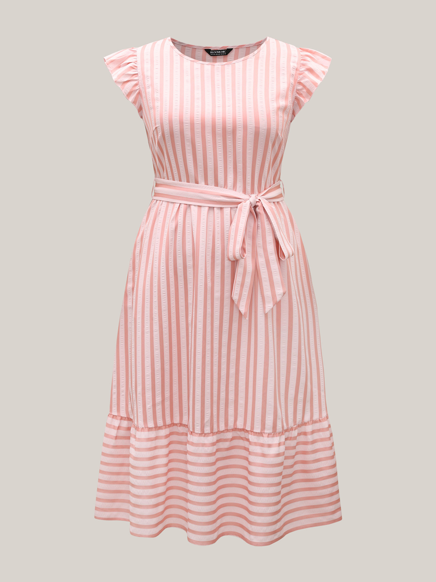 Plus Size Pastel Stripes Belted Pockets Midi Dress Multicolor Women Casual Belted Round Neck Cap Sleeve Curvy BloomChic 10/M 