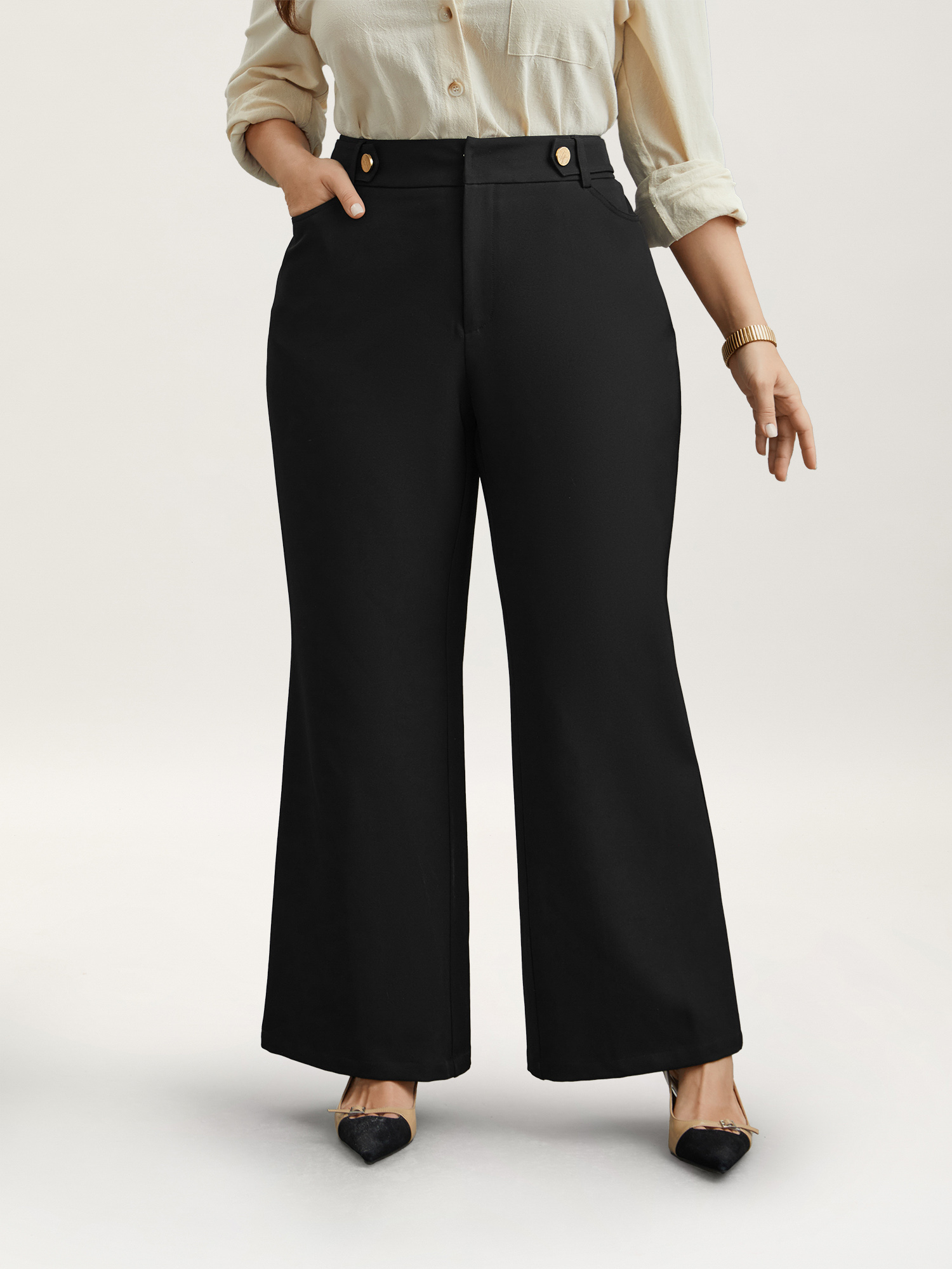 

Plus Size Loop Decoration Flared Leg Pants Women Black At the Office Bootcut Mid Rise Work Pants BloomChic