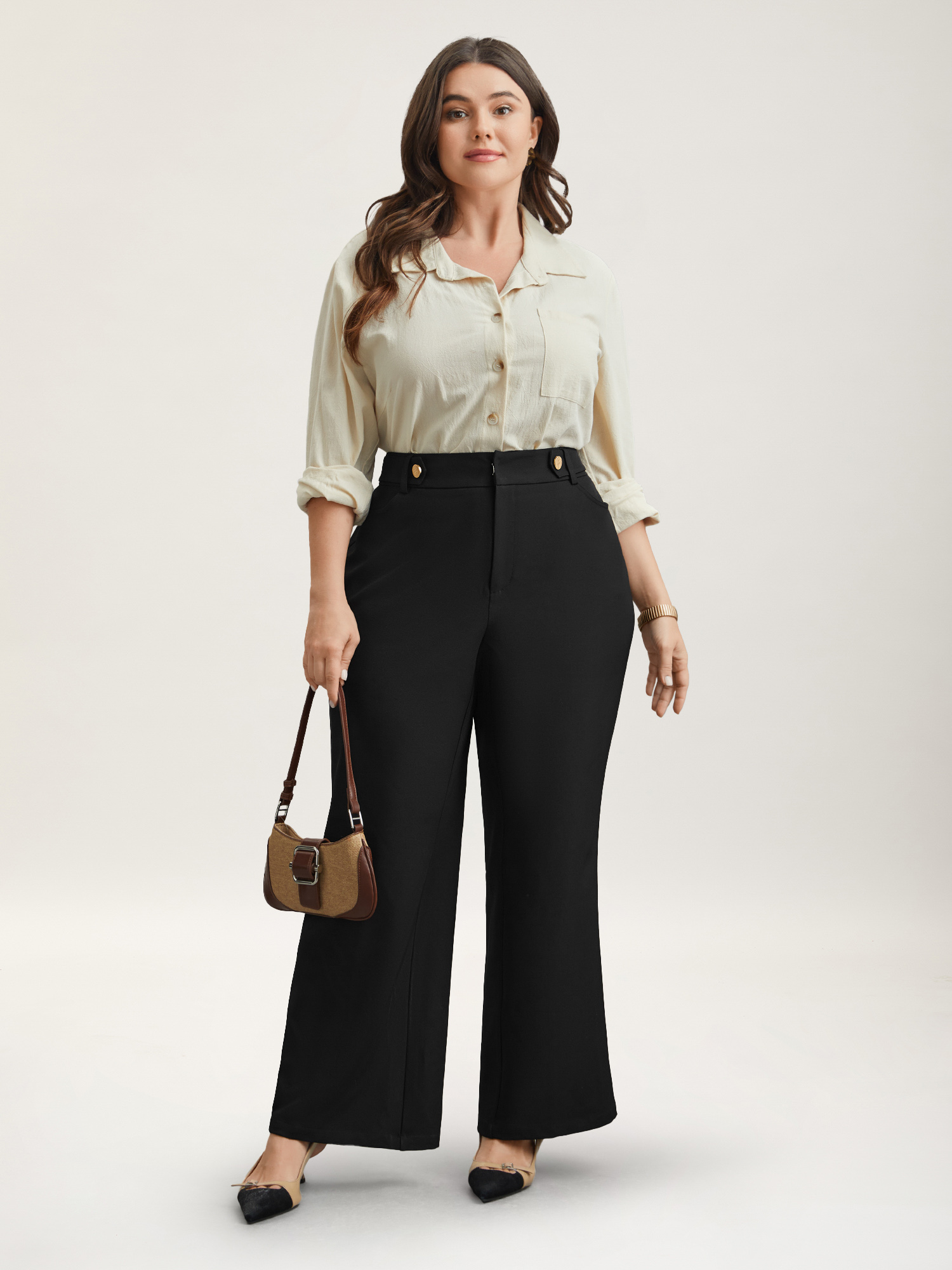 Plus Size Loop Decoration Flared Leg Pants Women Black At the Office Bootcut Mid Rise Work Pants BloomChic 14-16/1X 