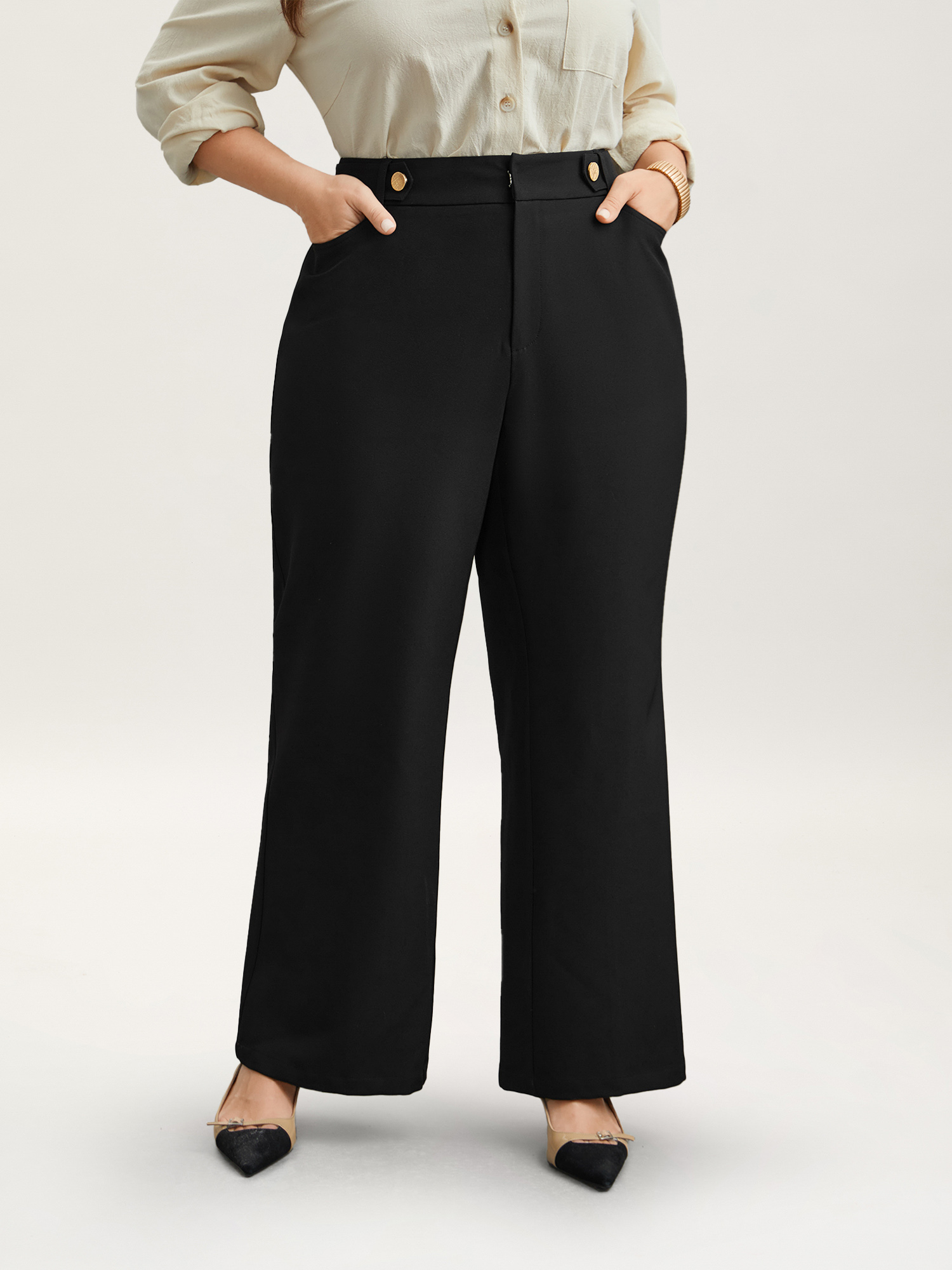 Plus Size Loop Decoration Flared Leg Pants Women Black At the Office Bootcut Mid Rise Work Pants BloomChic 14-16/1X 