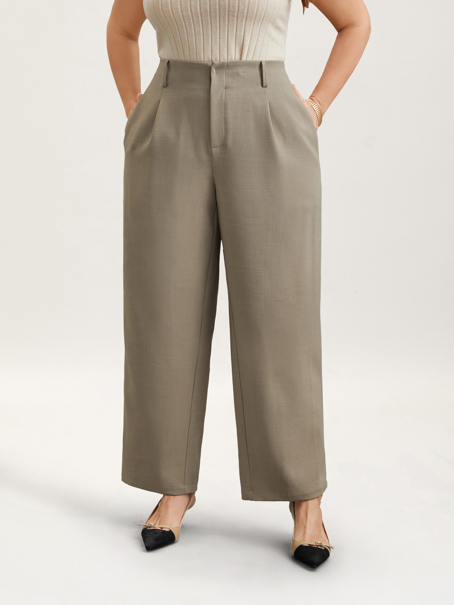 

Plus Size Pleated Straight-Leg Pants Women Champagne At the Office Straight Leg Mid Rise Work Pants BloomChic