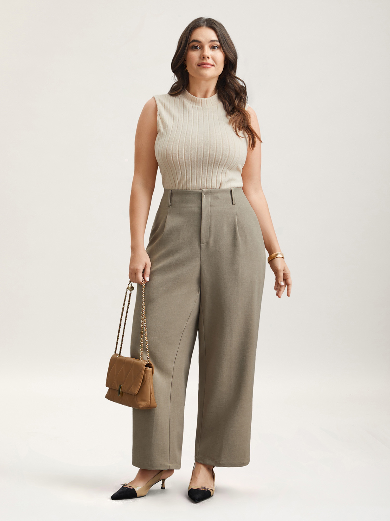 Plus Size Pleated Straight-Leg Pants Women Champagne At the Office Straight Leg Mid Rise Work Pants BloomChic 14-16/1X 