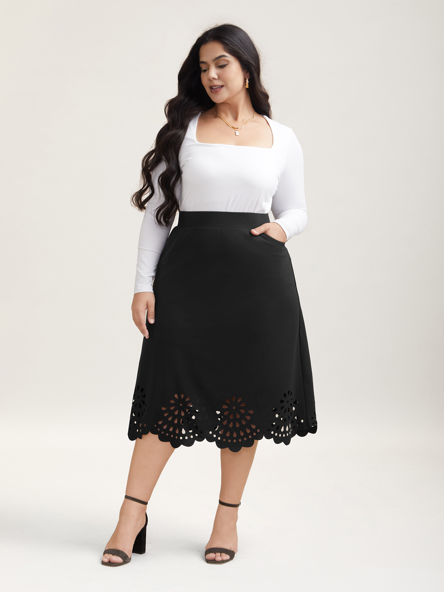 Plus Size Laser Cut-Out Flared Midi Skirt Women Black Elegant Cut-Out Medium stretch Slanted pocket Everyday Skirts BloomChic 22-24/3X 