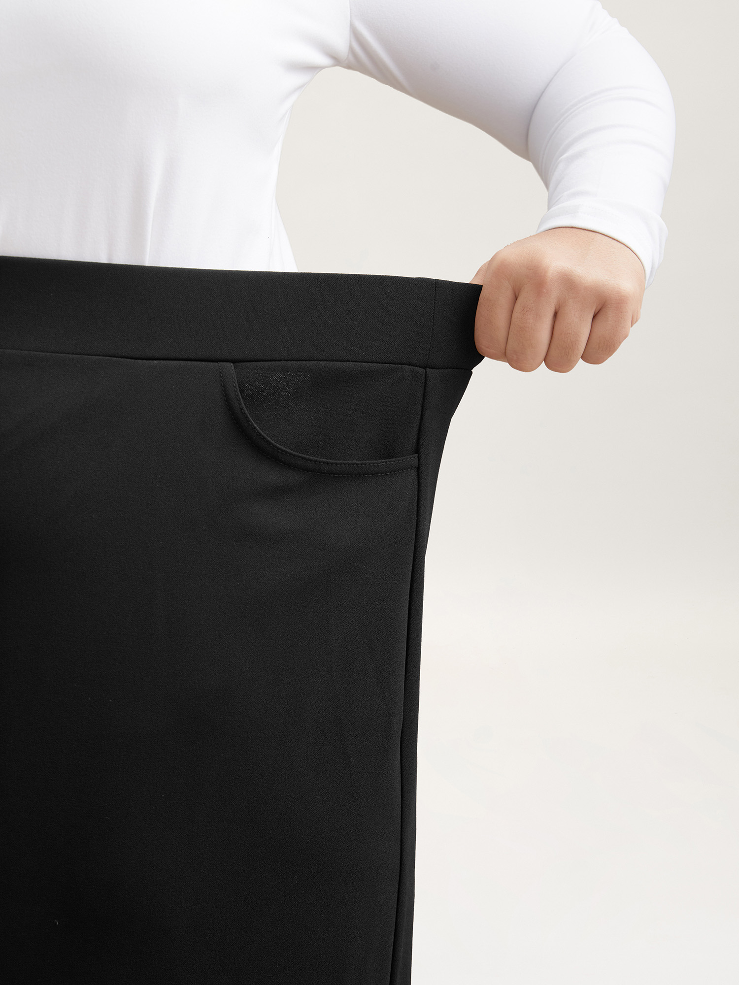 Plus Size Laser Cut-Out Flared Midi Skirt Women Black Elegant Cut-Out Medium stretch Slanted pocket Everyday Skirts BloomChic 22-24/3X 