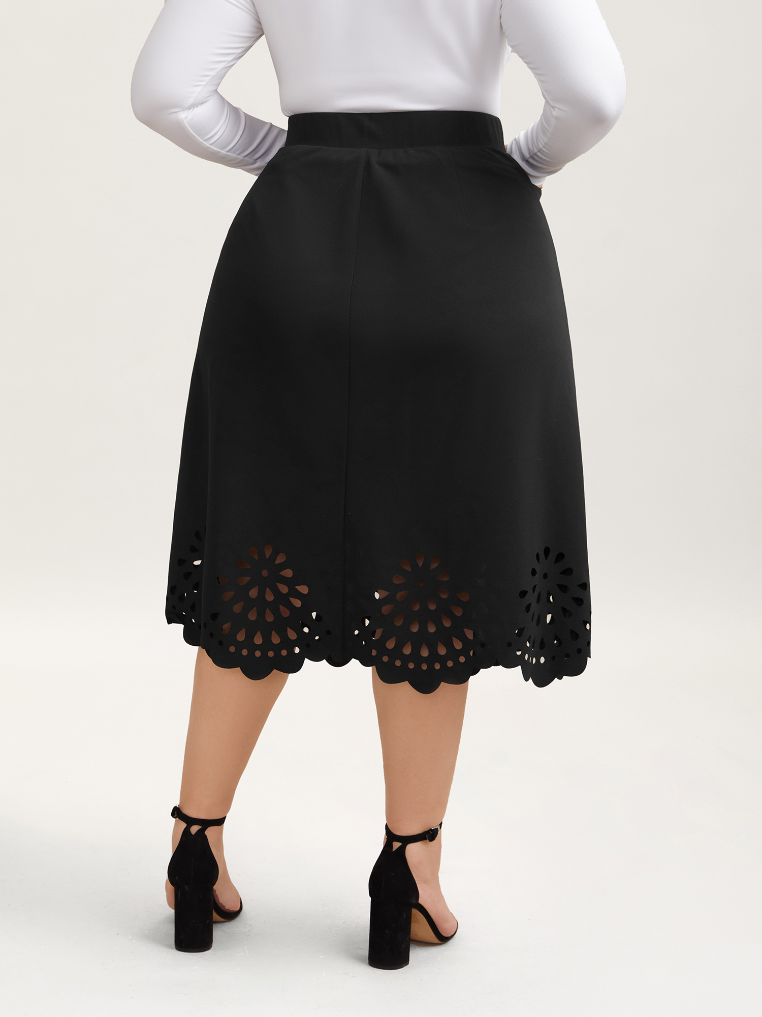 Plus Size Laser Cut-Out Flared Midi Skirt Women Black Elegant Cut-Out Medium stretch Slanted pocket Everyday Skirts BloomChic 22-24/3X 