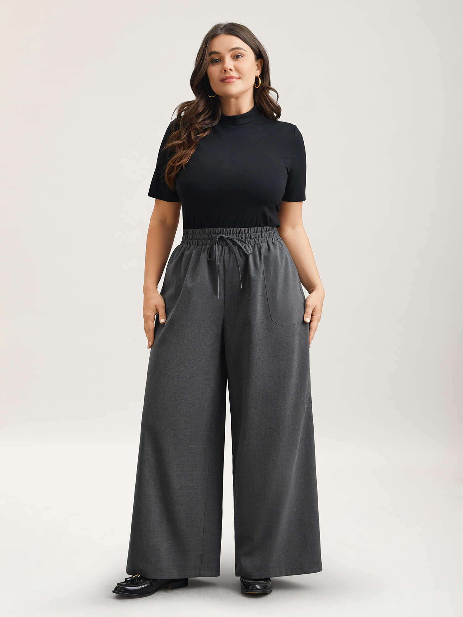 Plus Size Waist Drawstring Plaid Wide Leg Pants Women Black At the Office Wide Leg Mid Rise Work Pants BloomChic 26/4X 