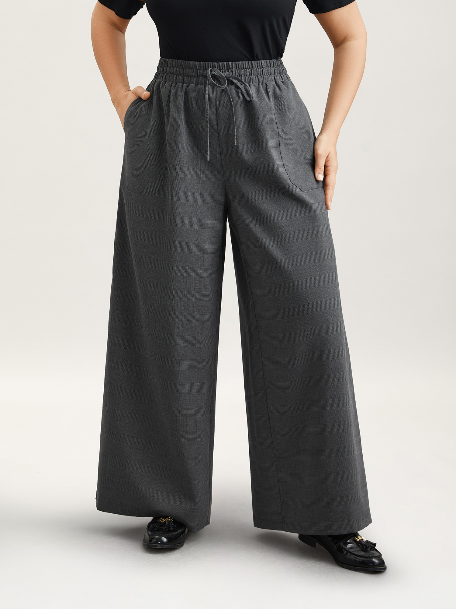 Plus Size Waist Drawstring Plaid Wide Leg Pants Women Black At the Office Wide Leg Mid Rise Work Pants BloomChic 26/4X 