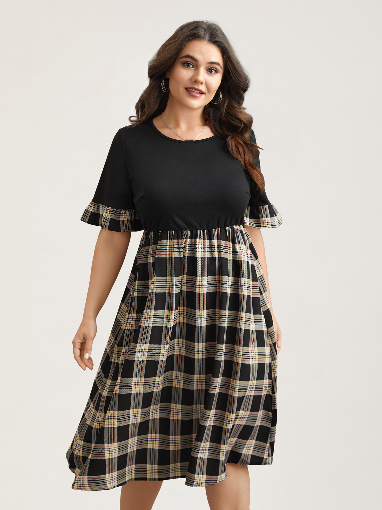 Plus Size Plaid Color Block Flared Sleeve Midi Dress Black Women Casual Patchwork Round Neck Half Sleeve Curvy BloomChic 10/M 