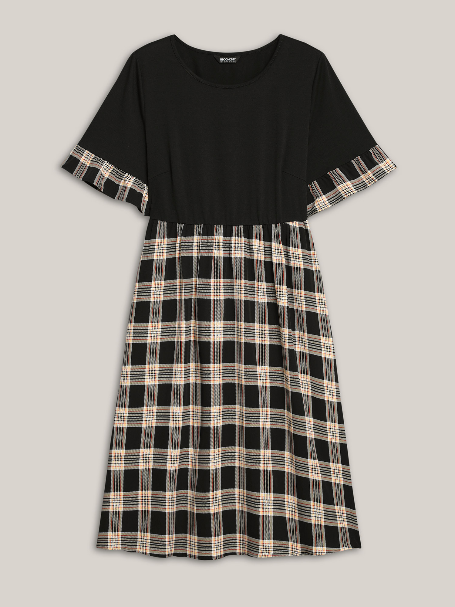 Plus Size Plaid Color Block Flared Sleeve Midi Dress Black Women Casual Patchwork Round Neck Half Sleeve Curvy BloomChic 10/M 