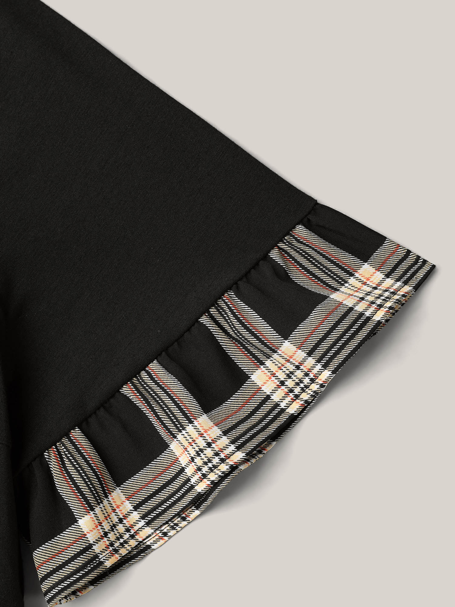 Plus Size Plaid Color Block Flared Sleeve Midi Dress Black Women Casual Patchwork Round Neck Half Sleeve Curvy BloomChic 10/M 