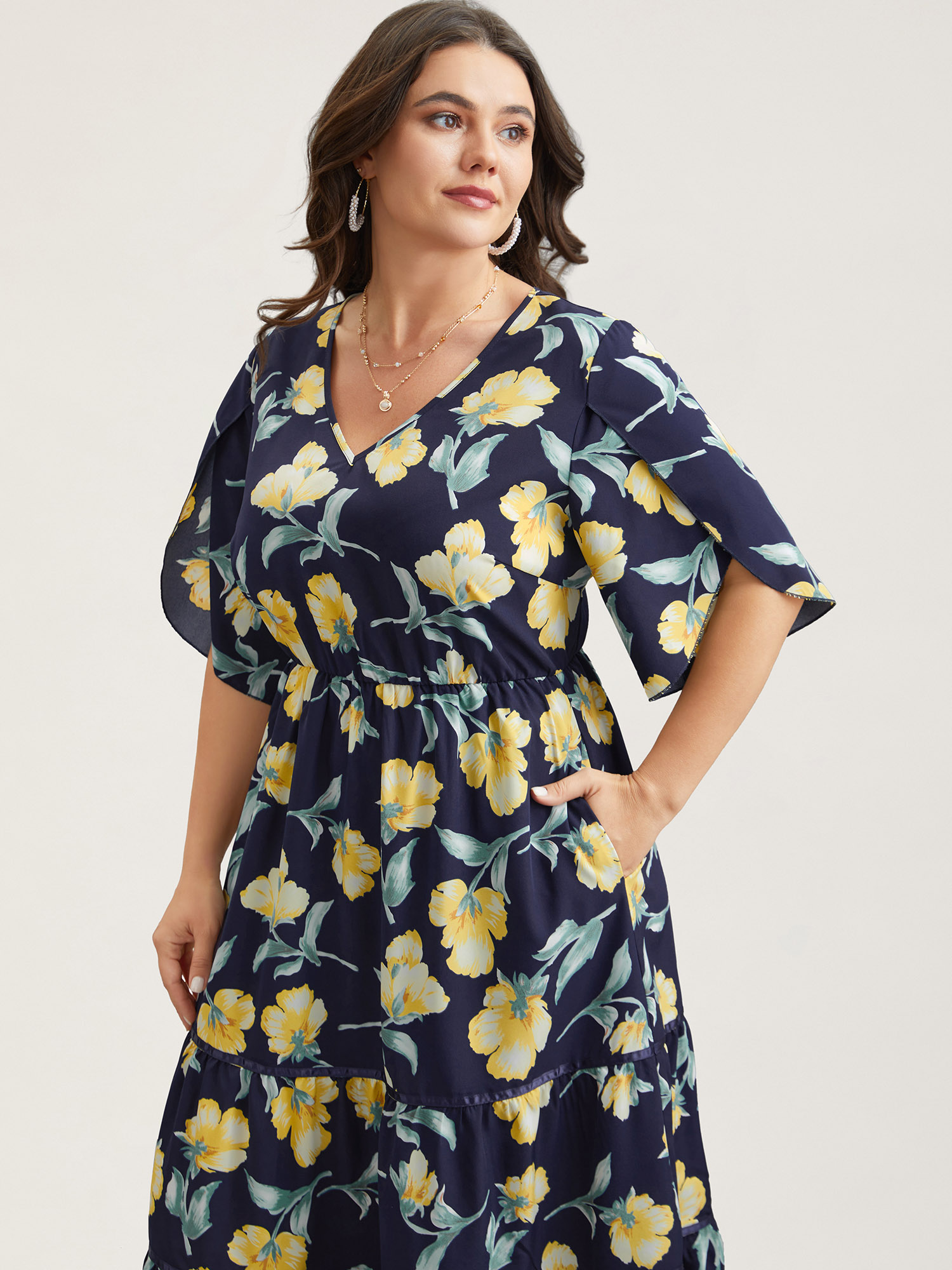 

Plus Size Spring Flowers V-Neck Tiered Midi Dress Indigo Women Elegant Overlapping V-neck Half Sleeve Curvy BloomChic