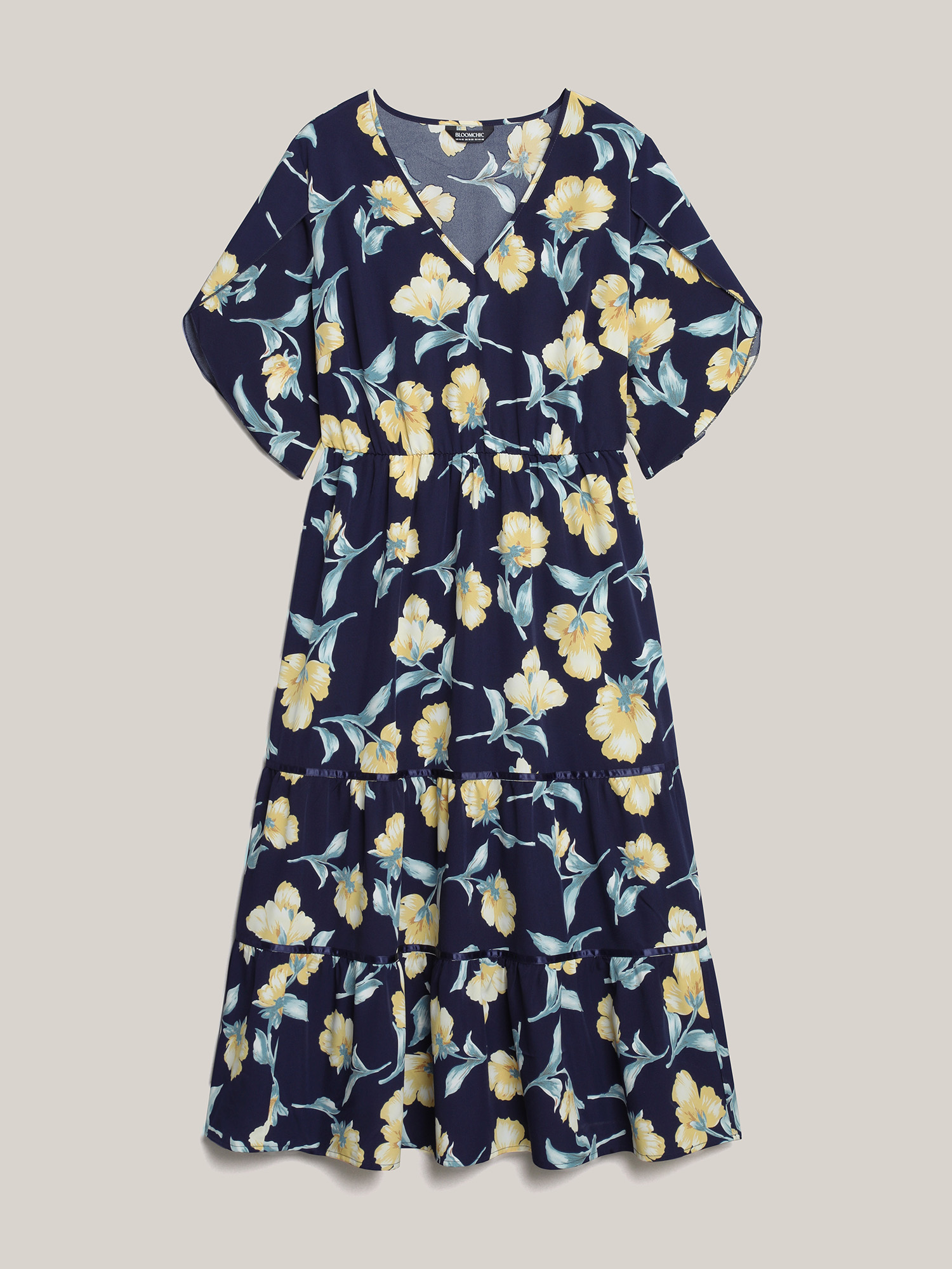 Plus Size Spring Flowers V-Neck Tiered Midi Dress Indigo Women Elegant Overlapping V-neck Half Sleeve Curvy BloomChic 12/L 