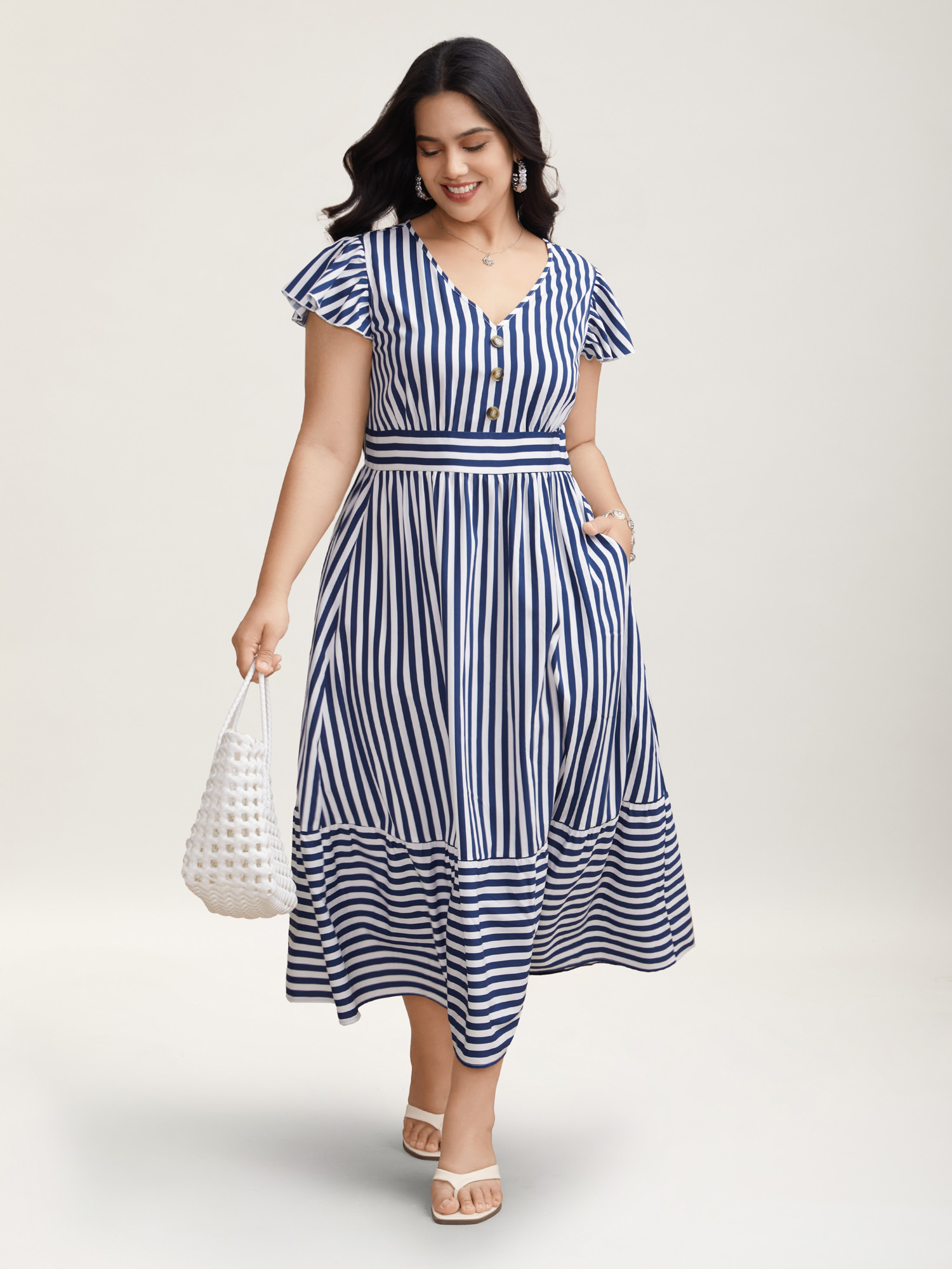 

Plus Size Nautical Stripes Stretchy Waist Tiered Midi Dress Navy Women Resort Button V-neck Cap Sleeve Curvy BloomChic