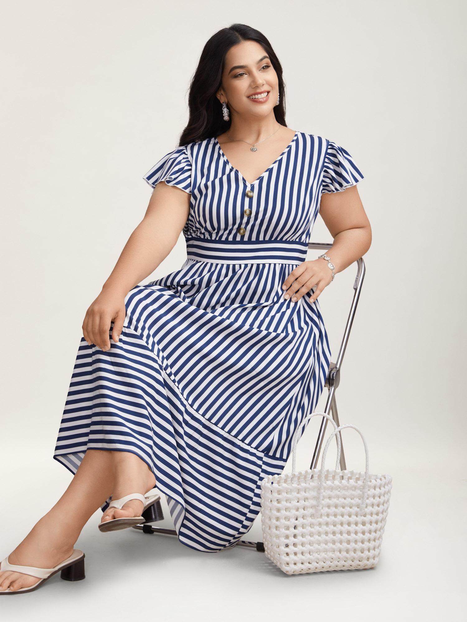 

Plus Size Nautical Stripes Stretchy Waist Tiered Midi Dress Navy Women Resort Button V-neck Cap Sleeve Curvy BloomChic