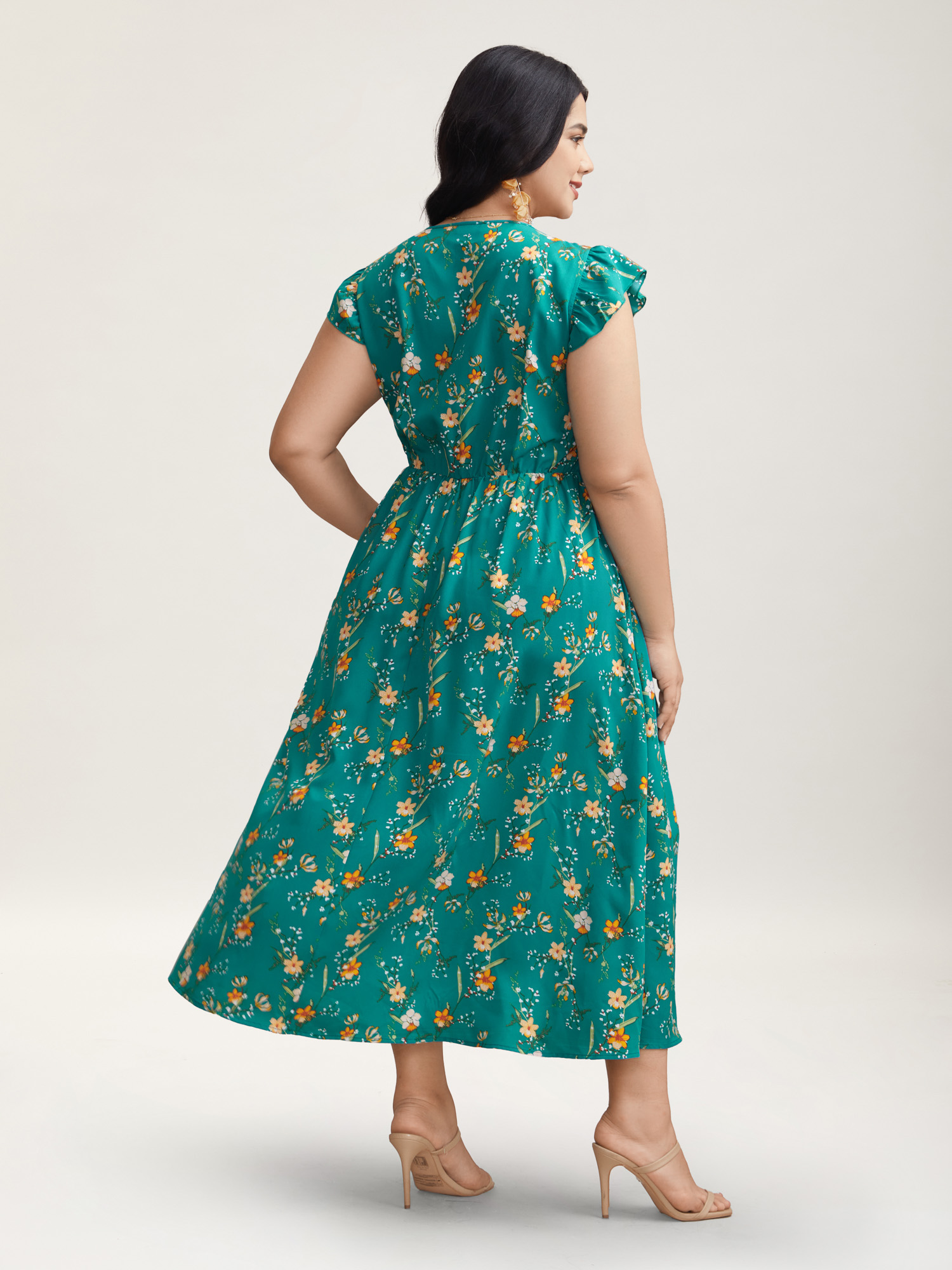 Plus Size Shirred Printed Flutter Sleeve Pockets Maxi Dress Teal Women Elegant Shirred V-neck Cap Sleeve Curvy BloomChic 14-16/1X 