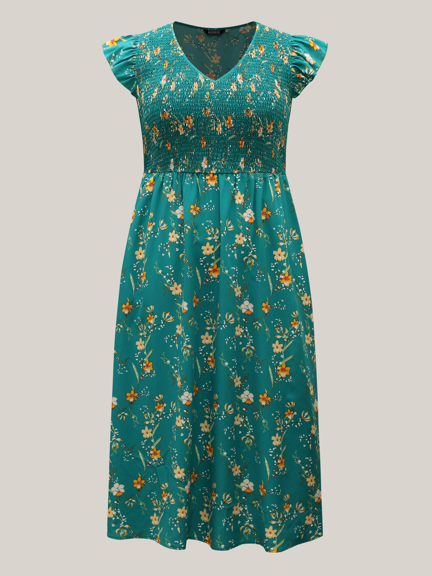 Plus Size Shirred Printed Flutter Sleeve Pockets Maxi Dress Teal Women Elegant Shirred V-neck Cap Sleeve Curvy BloomChic 14-16/1X 