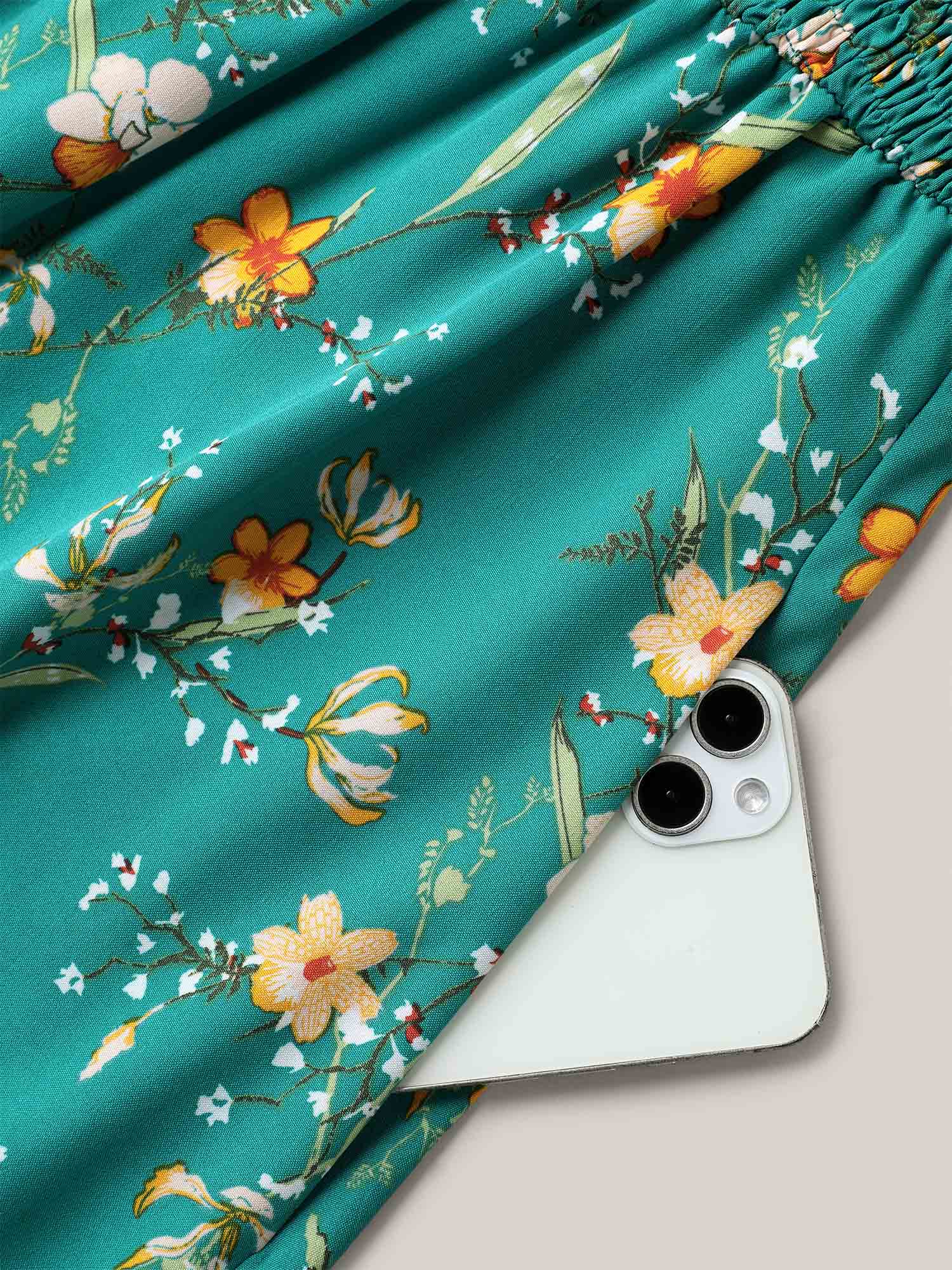 Plus Size Shirred Printed Flutter Sleeve Pockets Maxi Dress Teal Women Elegant Shirred V-neck Cap Sleeve Curvy BloomChic 14-16/1X 