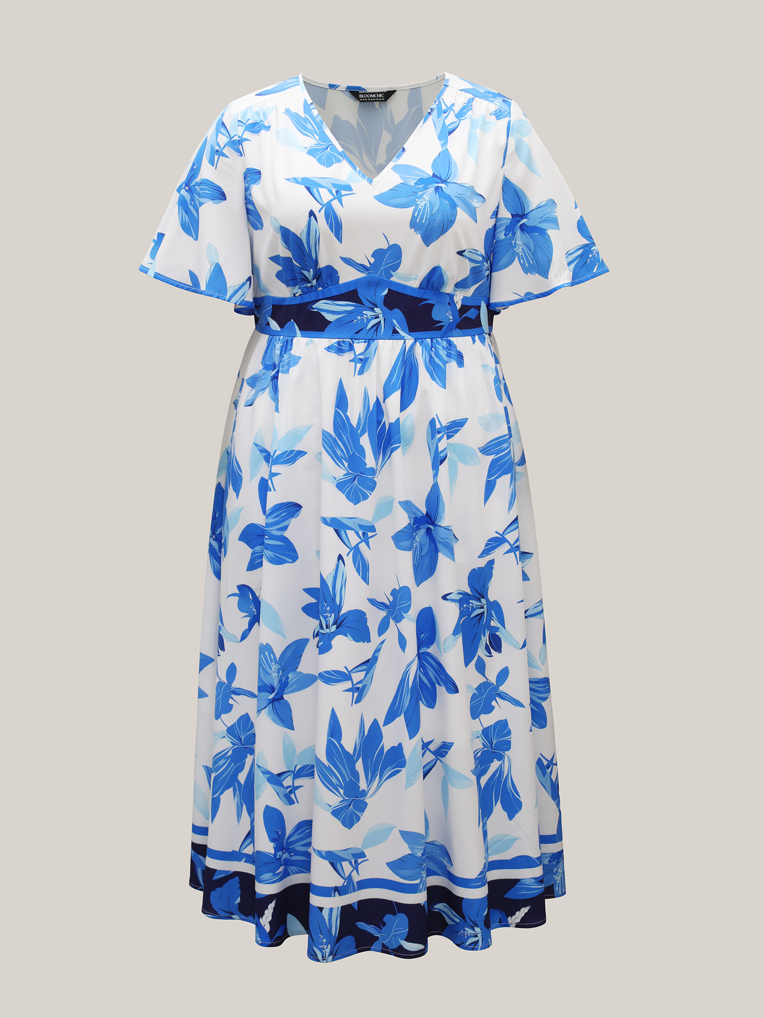 

Plus Size Positioned Floral Waist-Cinched Midi Dress DarkBlue Women Elegant Gathered V-neck Half Sleeve Curvy BloomChic