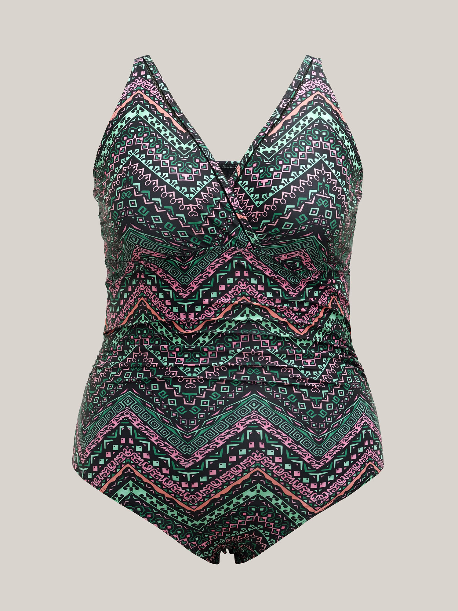 Plus Size Boho Print Webbed Ruched One-Piece Swimsuit Women`s Swimwear Multicolor Beach Gathered Curve Bathing Suits High stretch One Pieces BloomChic 28/5X 