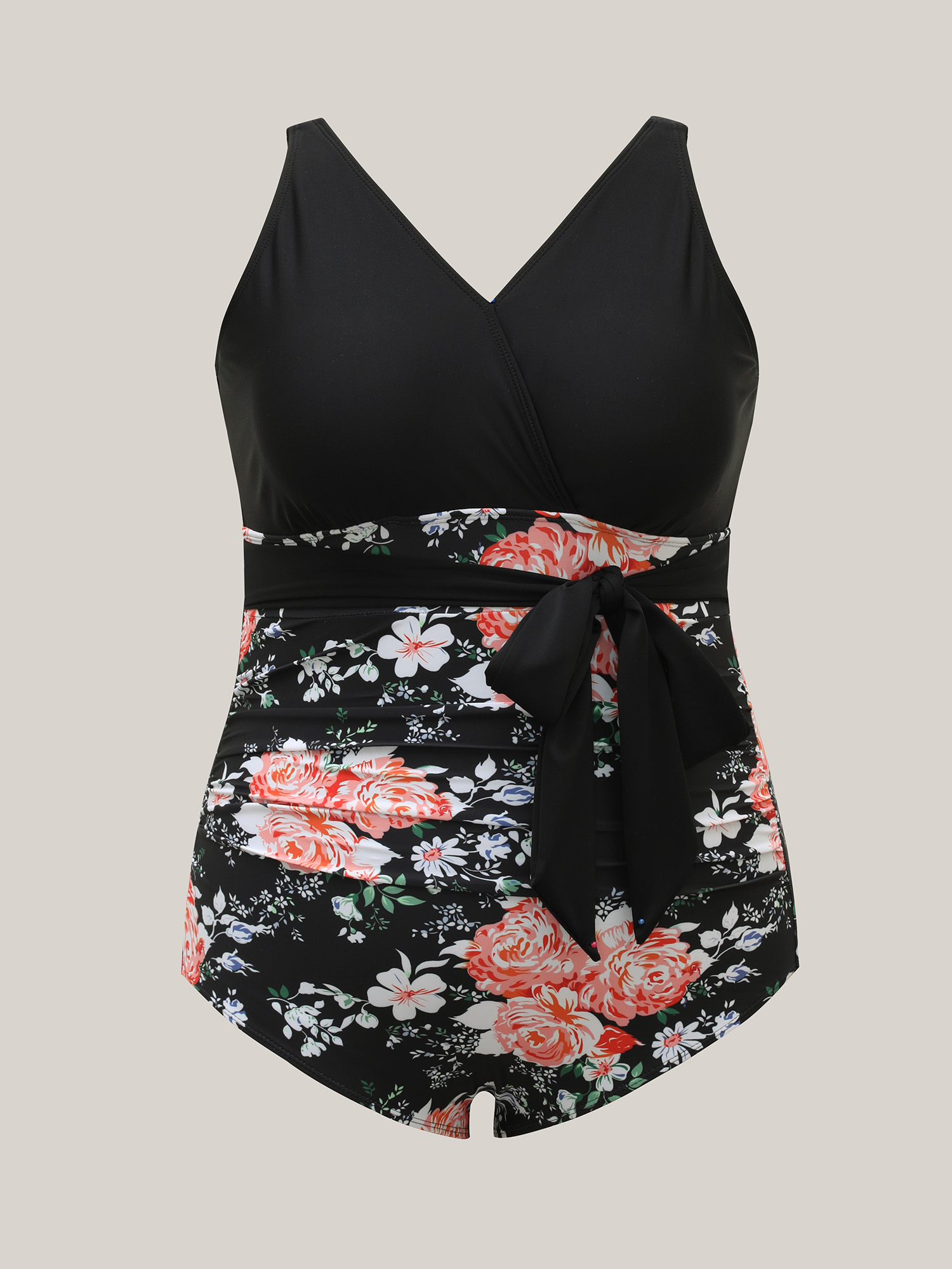 

Plus Size Floral Print Ruched Belted One-Piece Swimsuit Women's Swimwear Black Beach Tie knot Curve Bathing Suits High stretch One Pieces BloomChic