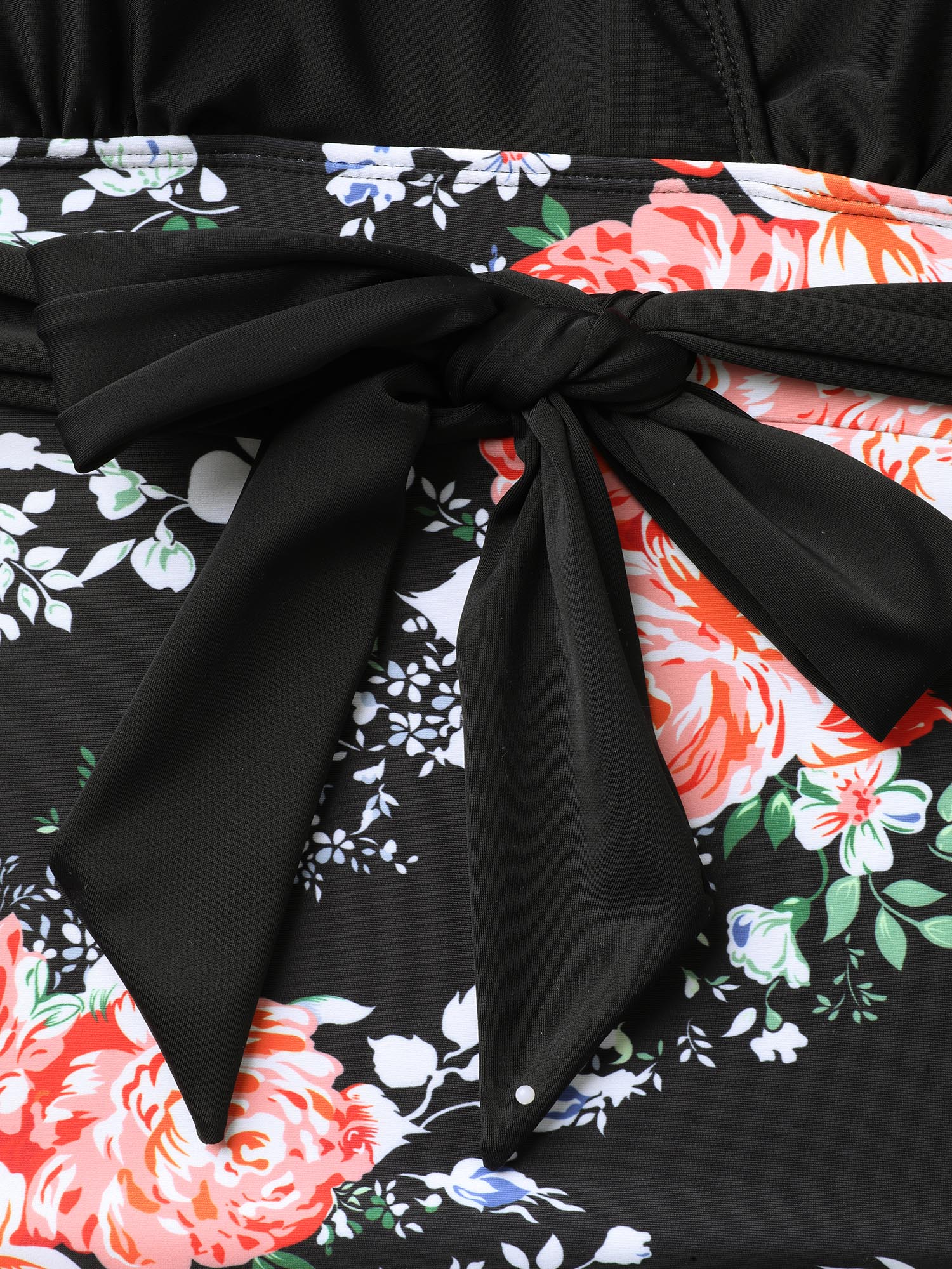Plus Size Floral Print Ruched Belted One-Piece Swimsuit Women`s Swimwear Black Beach Tie knot Curve Bathing Suits High stretch One Pieces BloomChic 14-16/1X 