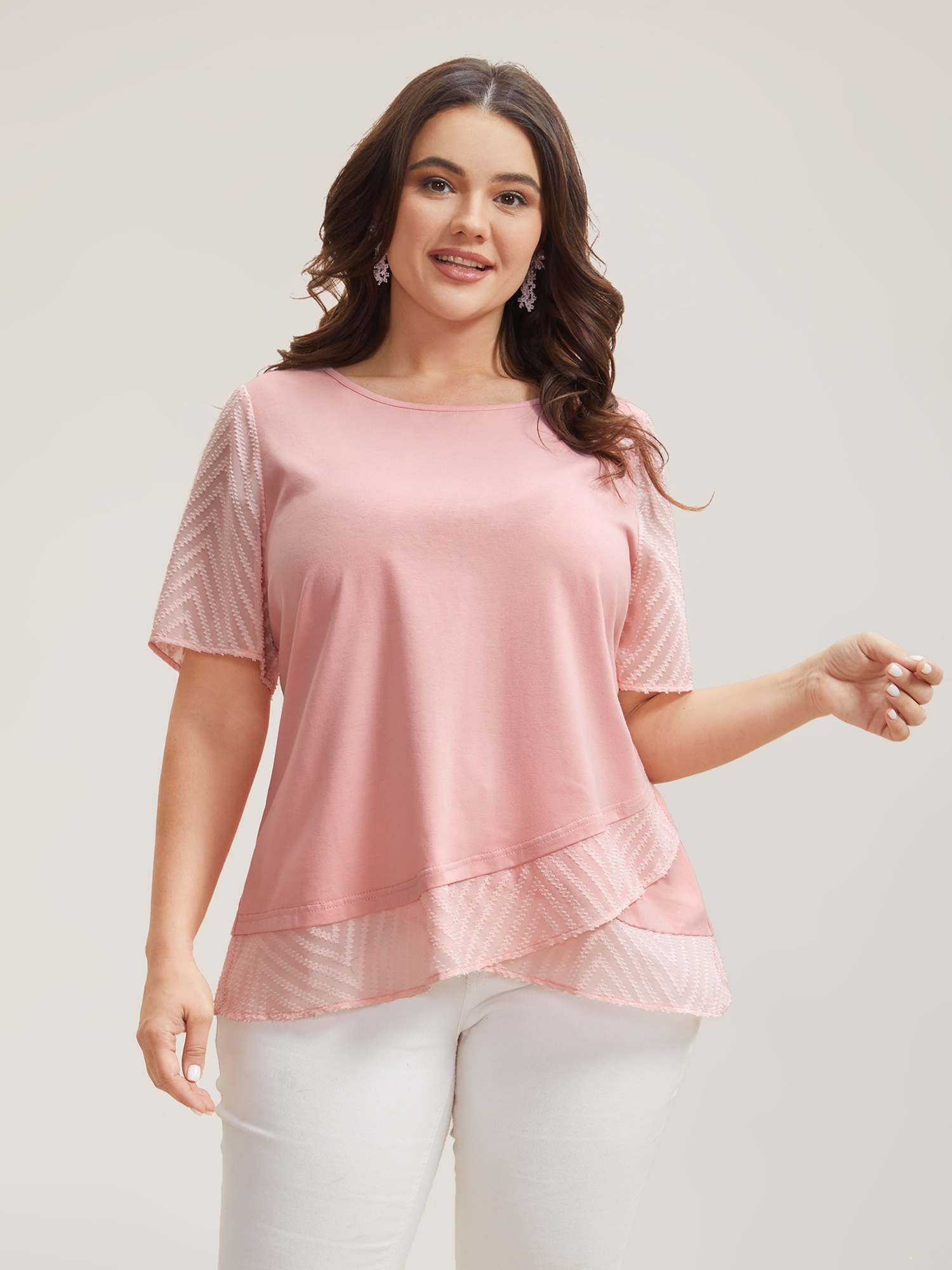 

Plus Size Sheer Panel Overlap Layered Plain Top Crepe Round Neck Short sleeve Elegant Jersey Tops