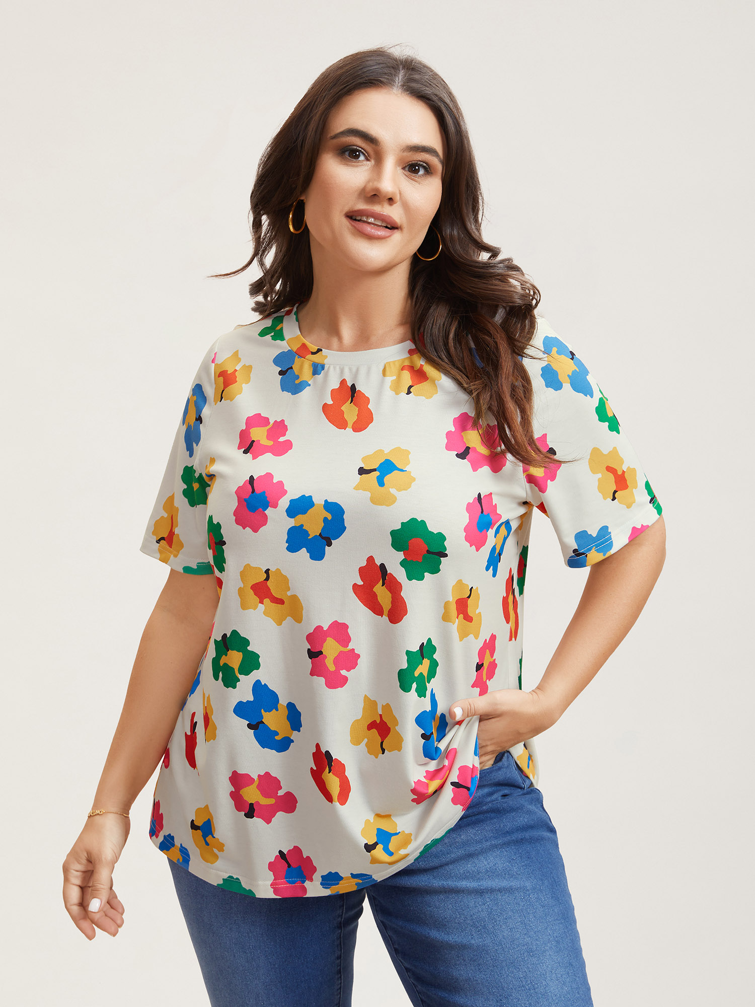 

Plus Size Multi-Color Floral Print Fitted T-Shirt Multicolor Women Casual Non Round Neck Everyday T-shirts BloomChic