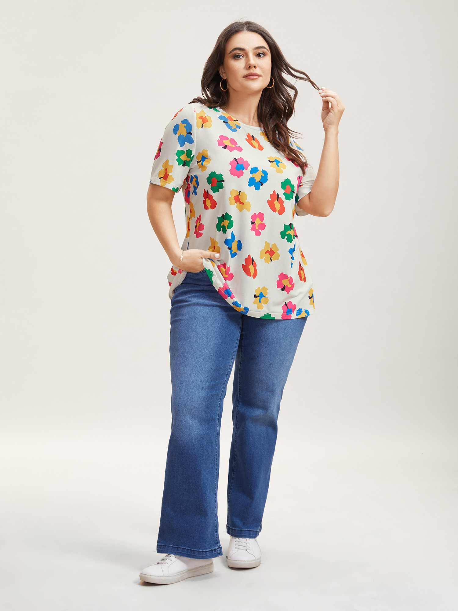 Plus Size Multi-Color Floral Print Fitted T-Shirt Multicolor Women Casual Non Round Neck Everyday T-shirts BloomChic 18-20/2X 