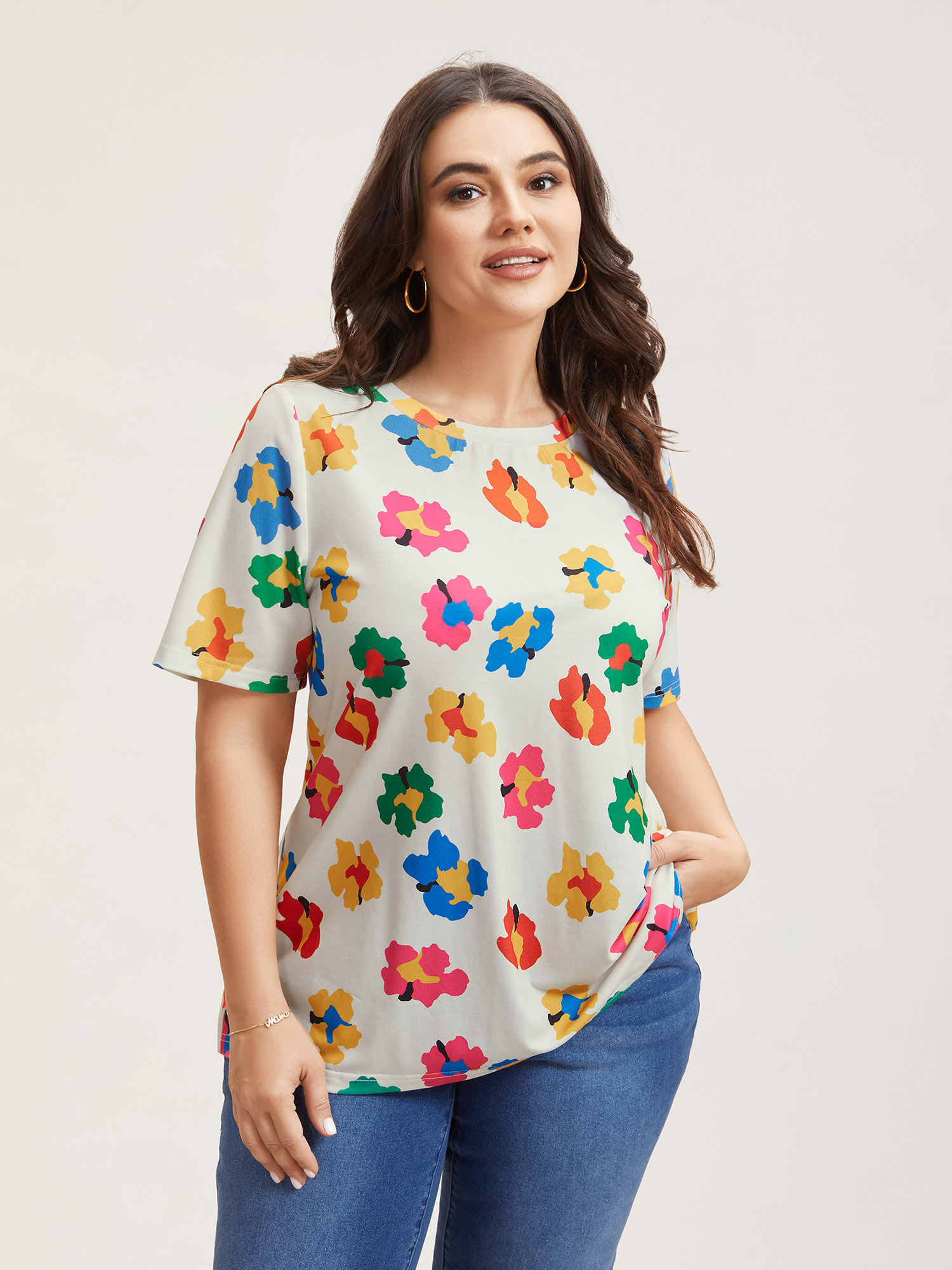 Plus Size Multi-Color Floral Print Fitted T-Shirt Multicolor Women Casual Non Round Neck Everyday T-shirts BloomChic 18-20/2X 