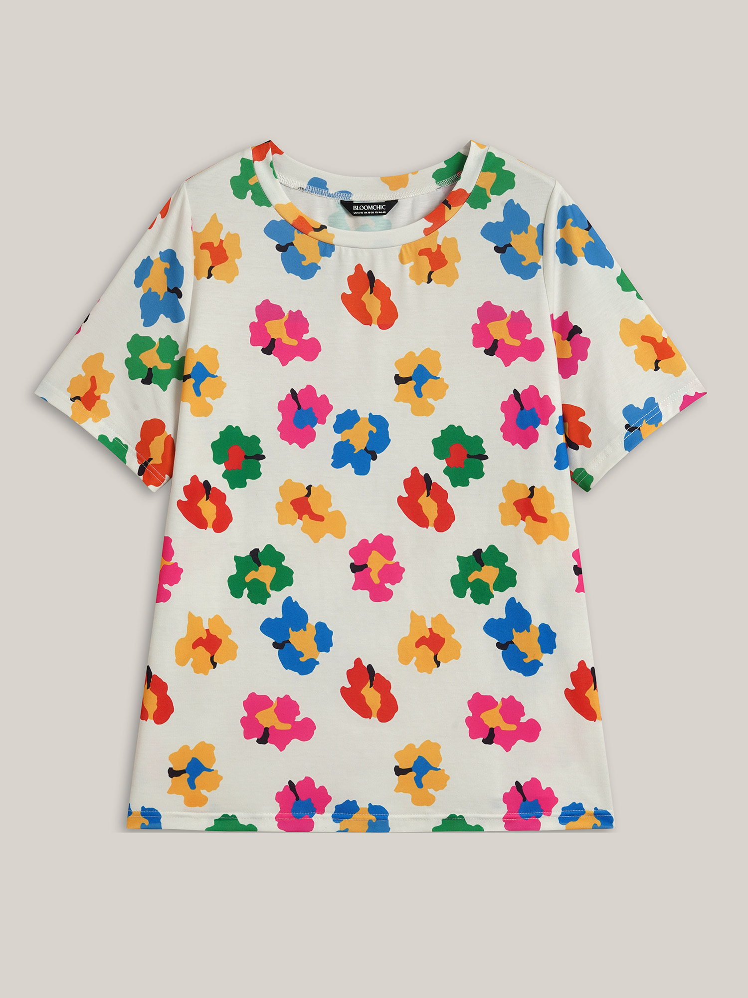 Plus Size Multi-Color Floral Print Fitted T-Shirt Multicolor Women Casual Non Round Neck Everyday T-shirts BloomChic 18-20/2X 
