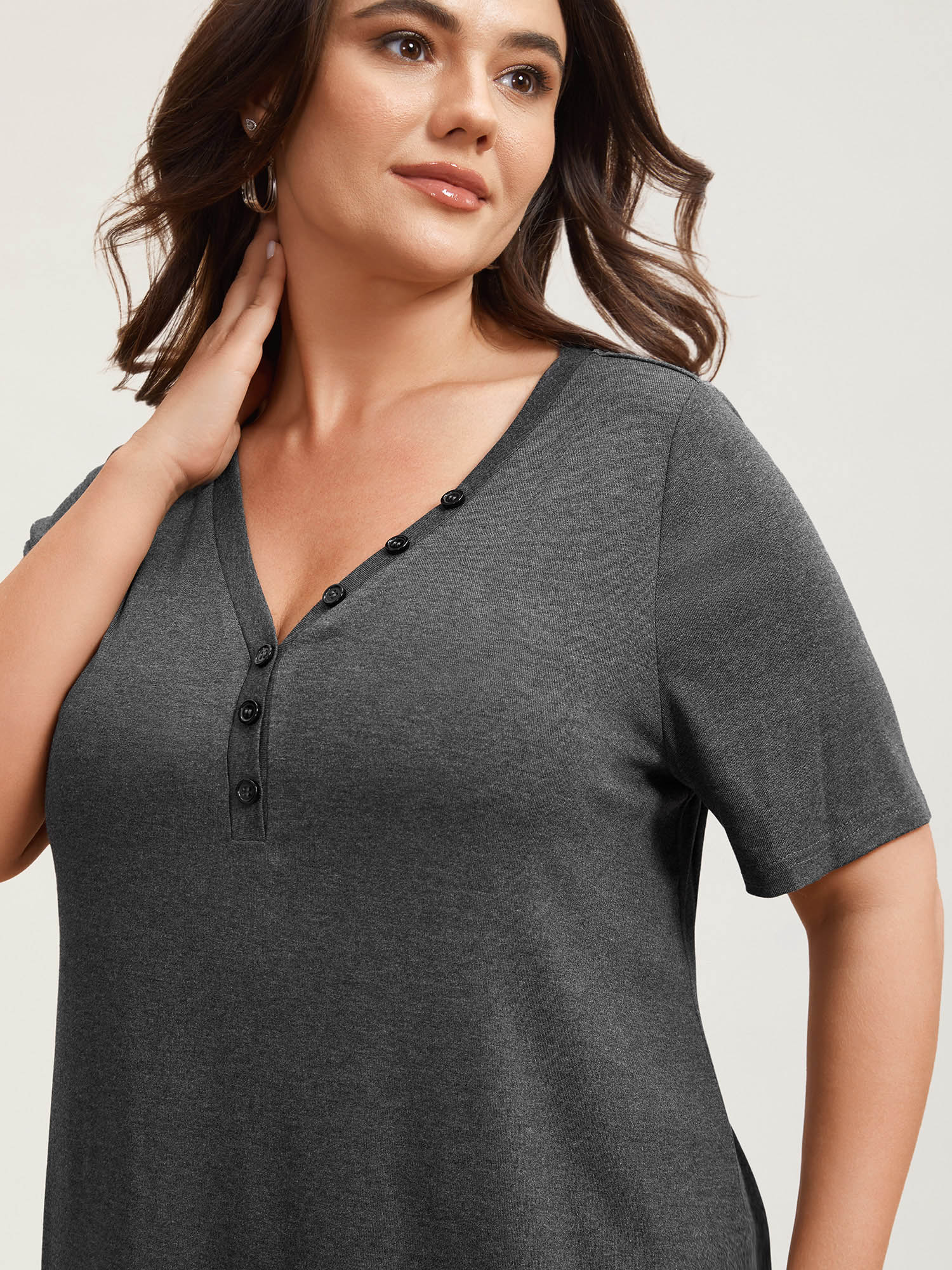 

Plus Size Adjustable Neck Coverage Button Placket T-Shirt DimGray Women Casual Button V-neck Everyday T-shirts BloomChic