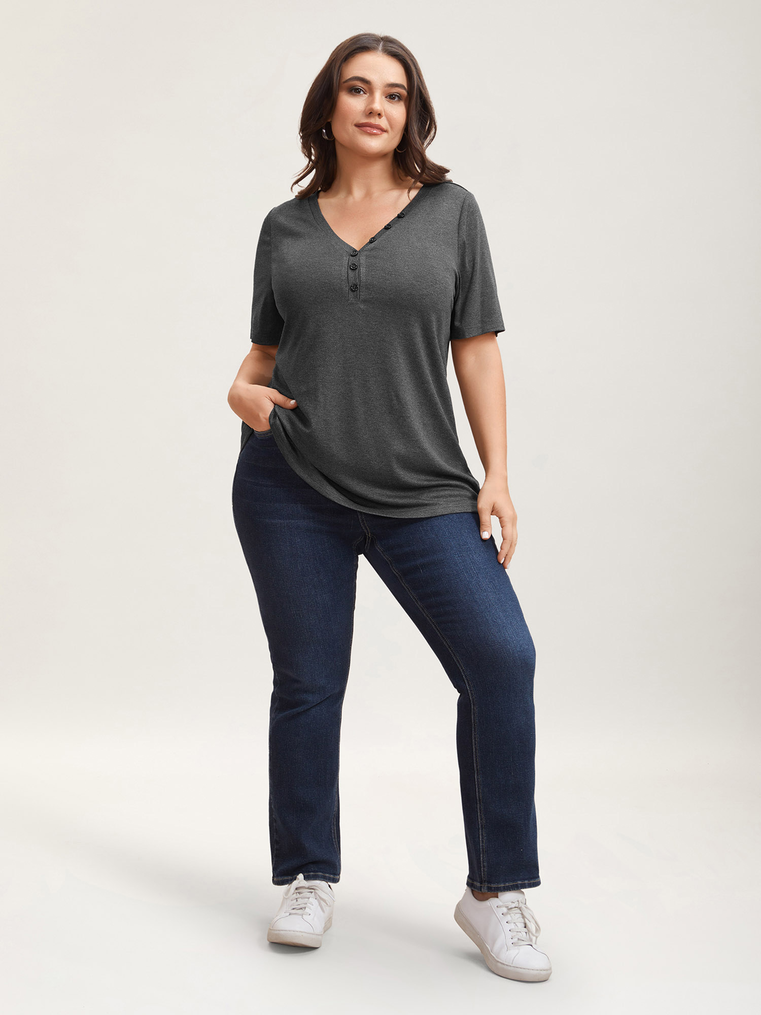 Plus Size Adjustable Neck Coverage Button Placket T-Shirt DimGray Women Casual Button V-neck Everyday T-shirts BloomChic 10/M 