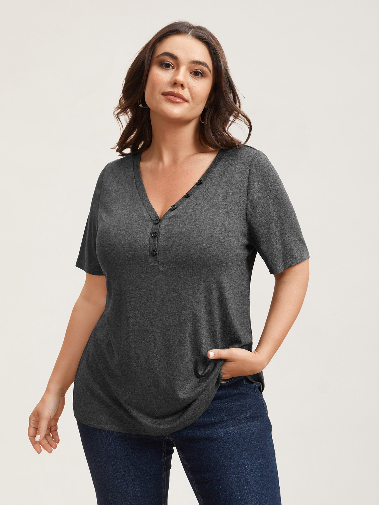 Plus Size Adjustable Neck Coverage Button Placket T-Shirt DimGray Women Casual Button V-neck Everyday T-shirts BloomChic 10/M 
