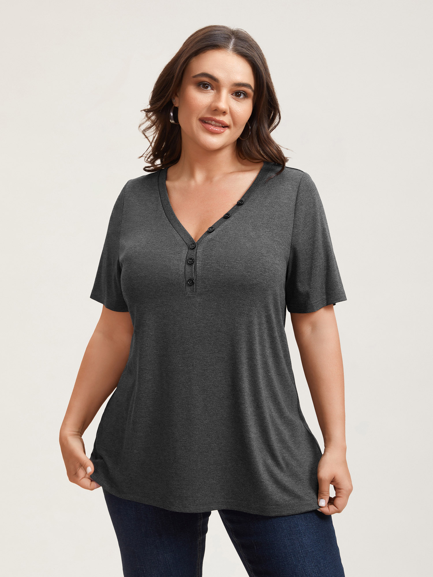 

Plus Size Adjustable Neck Coverage Button Placket T-Shirt DimGray Women Casual Button V-neck Everyday T-shirts BloomChic