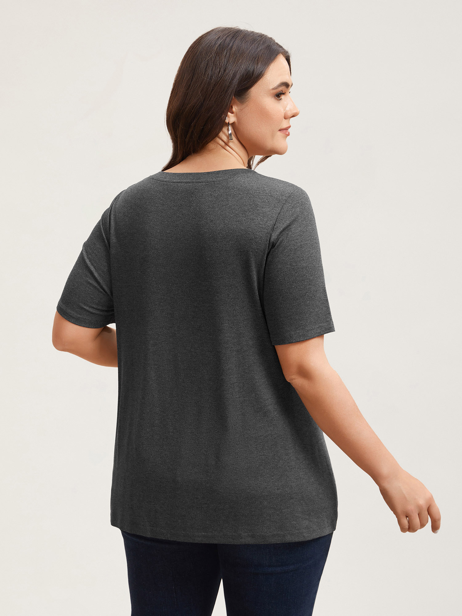 Plus Size Adjustable Neck Coverage Button Placket T-Shirt DimGray Women Casual Button V-neck Everyday T-shirts BloomChic 10/M 