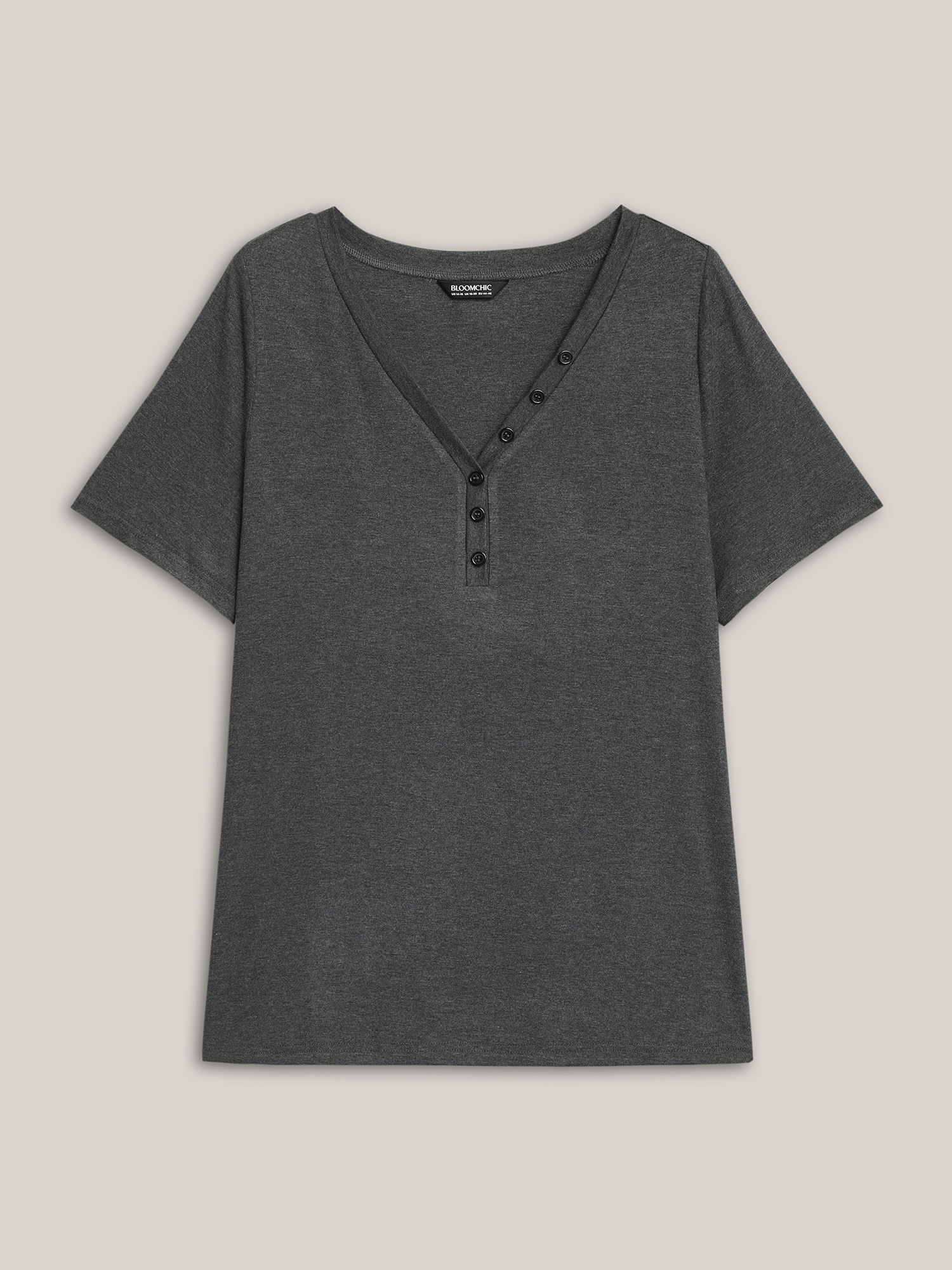 Plus Size Adjustable Neck Coverage Button Placket T-Shirt DimGray Women Casual Button V-neck Everyday T-shirts BloomChic 10/M 