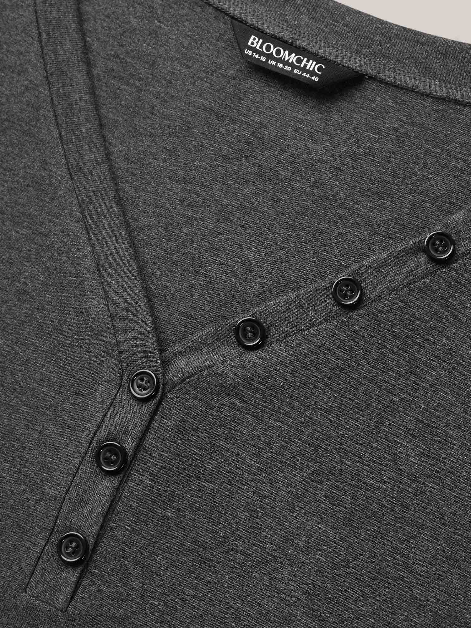 Plus Size Adjustable Neck Coverage Button Placket T-Shirt DimGray Women Casual Button V-neck Everyday T-shirts BloomChic 10/M 
