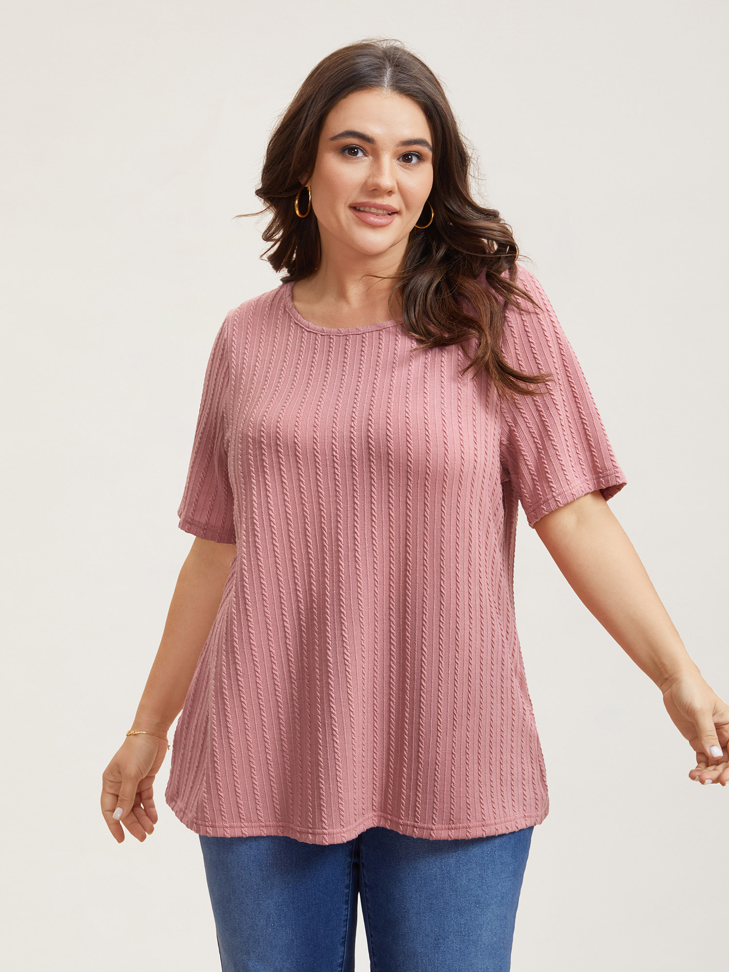 

Plus Size Cable Knit Textured Round Neck T-Shirt Beanpastepowder Women Casual Texture Round Neck Everyday T-shirts BloomChic