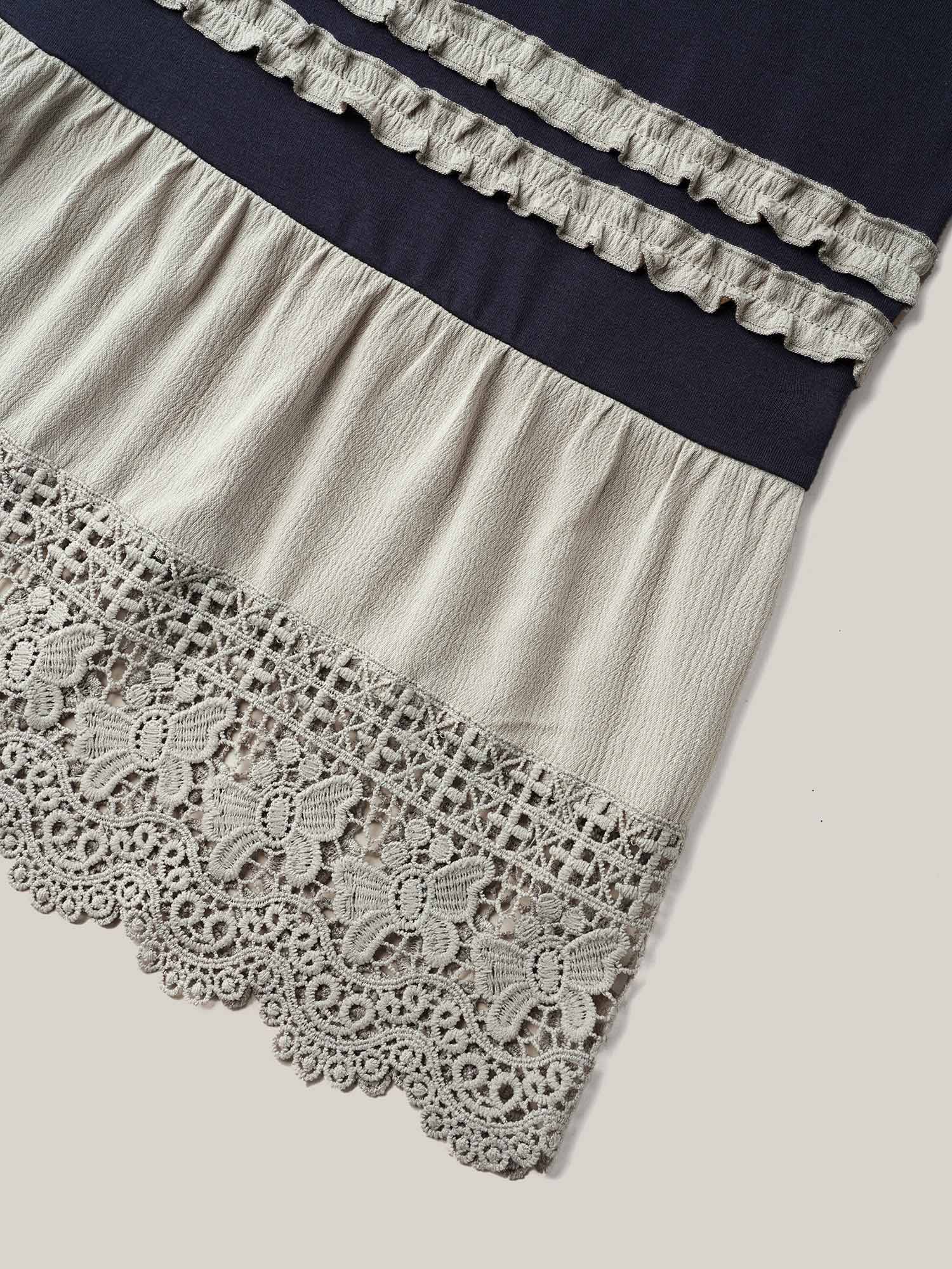 Plus Size Lace Panel Color Contrast Tunic T-Shirt Navy Women Elegant Woven ribbon&lace trim Boat Neck Loose Everyday T-shirts BloomChic 28/5X 